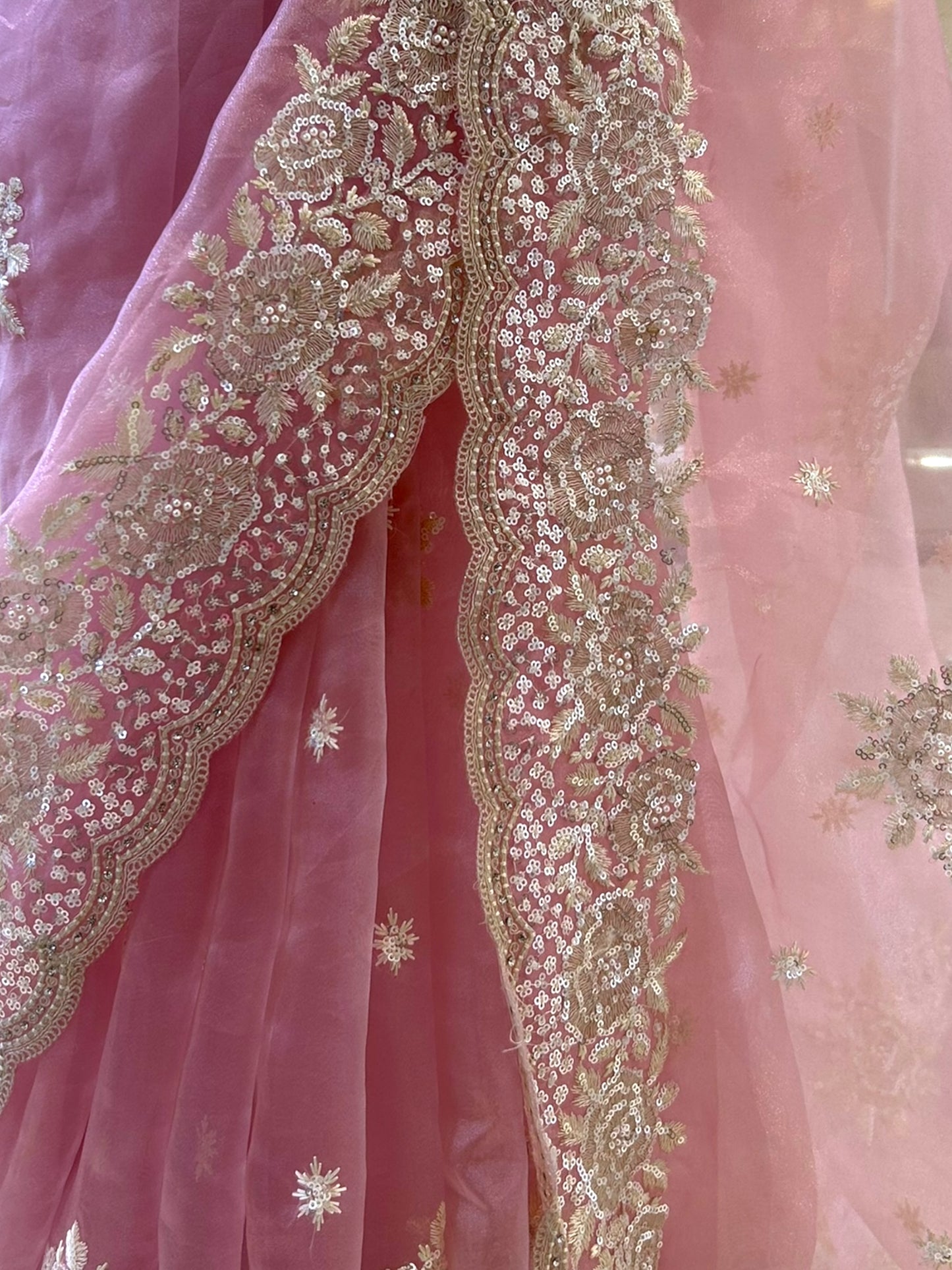 Baby pink pearls organza saree