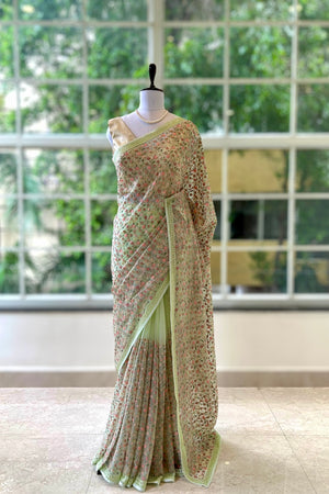 Floral embroidered chiffon saree - Green