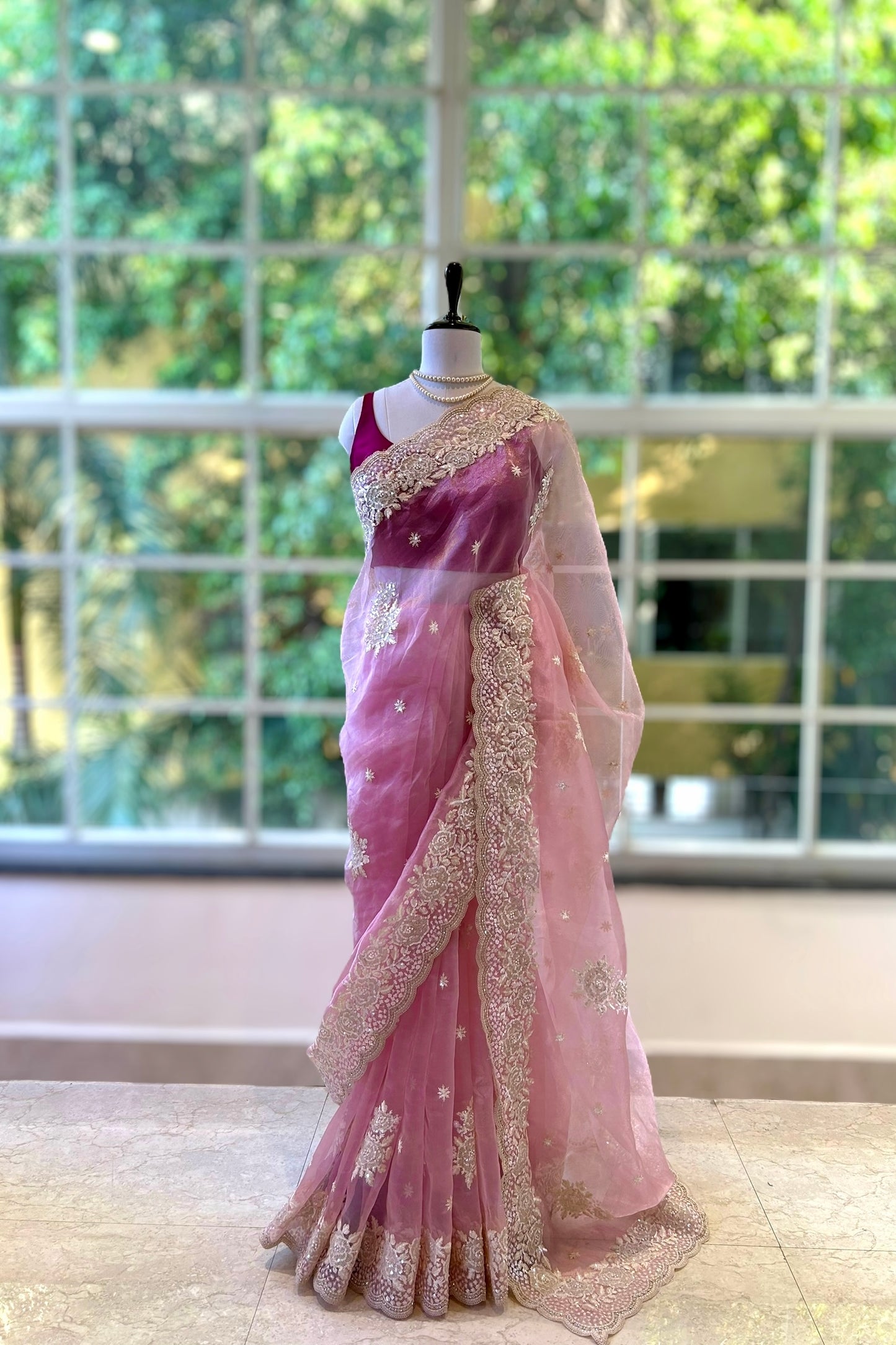 Baby pink pearls organza saree