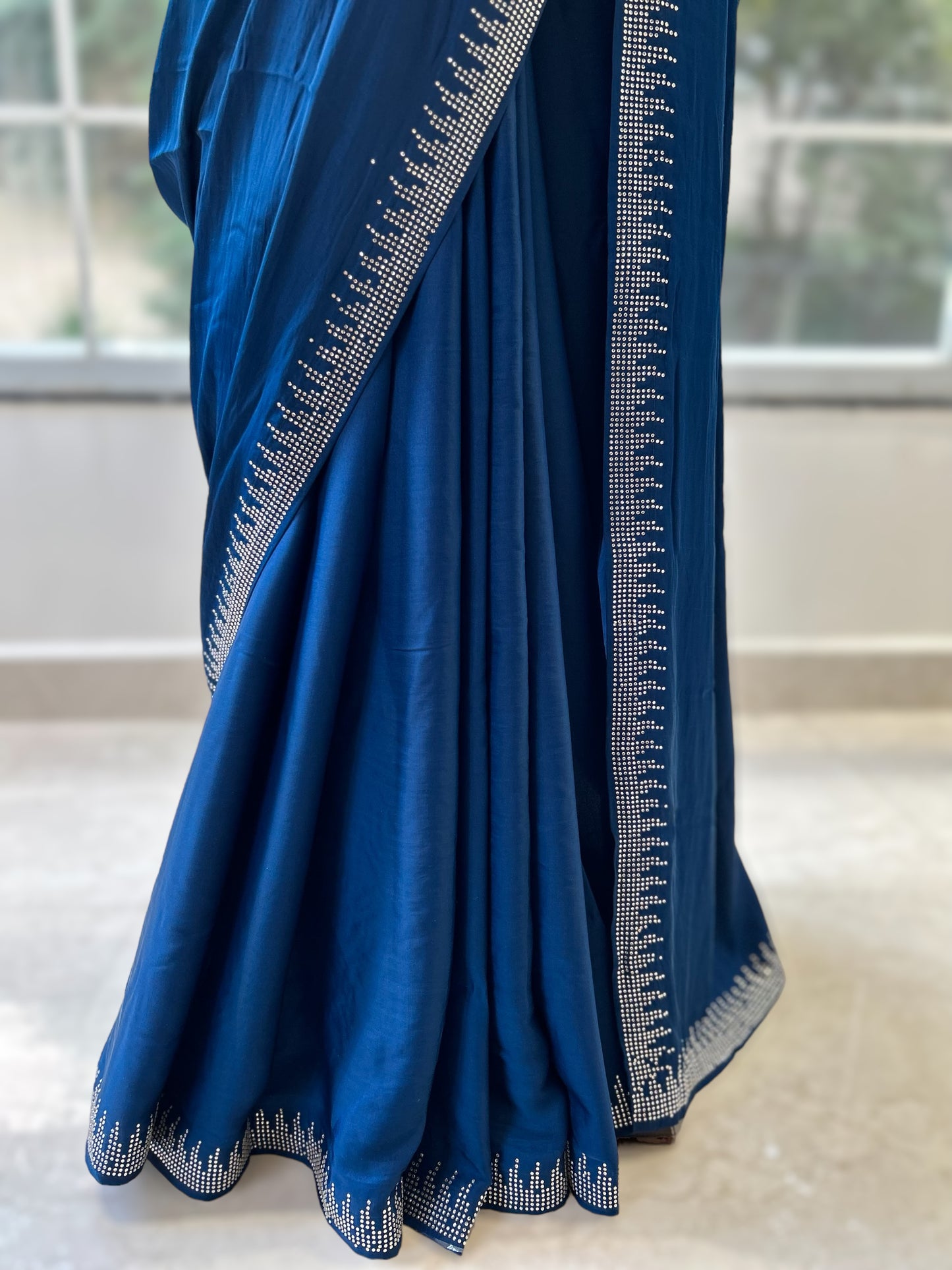 Teal blue satin saree