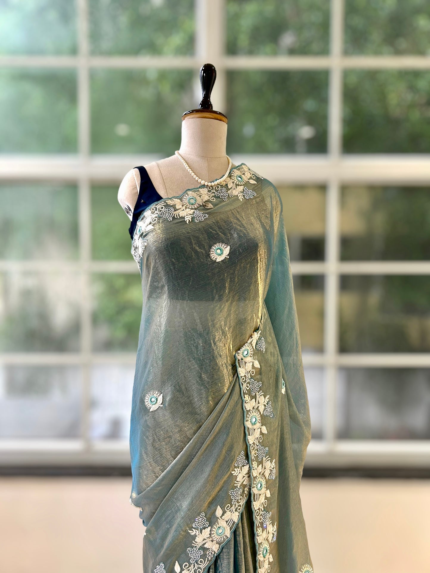 Soft shimmer chiffon embroidered saree - Golden blue