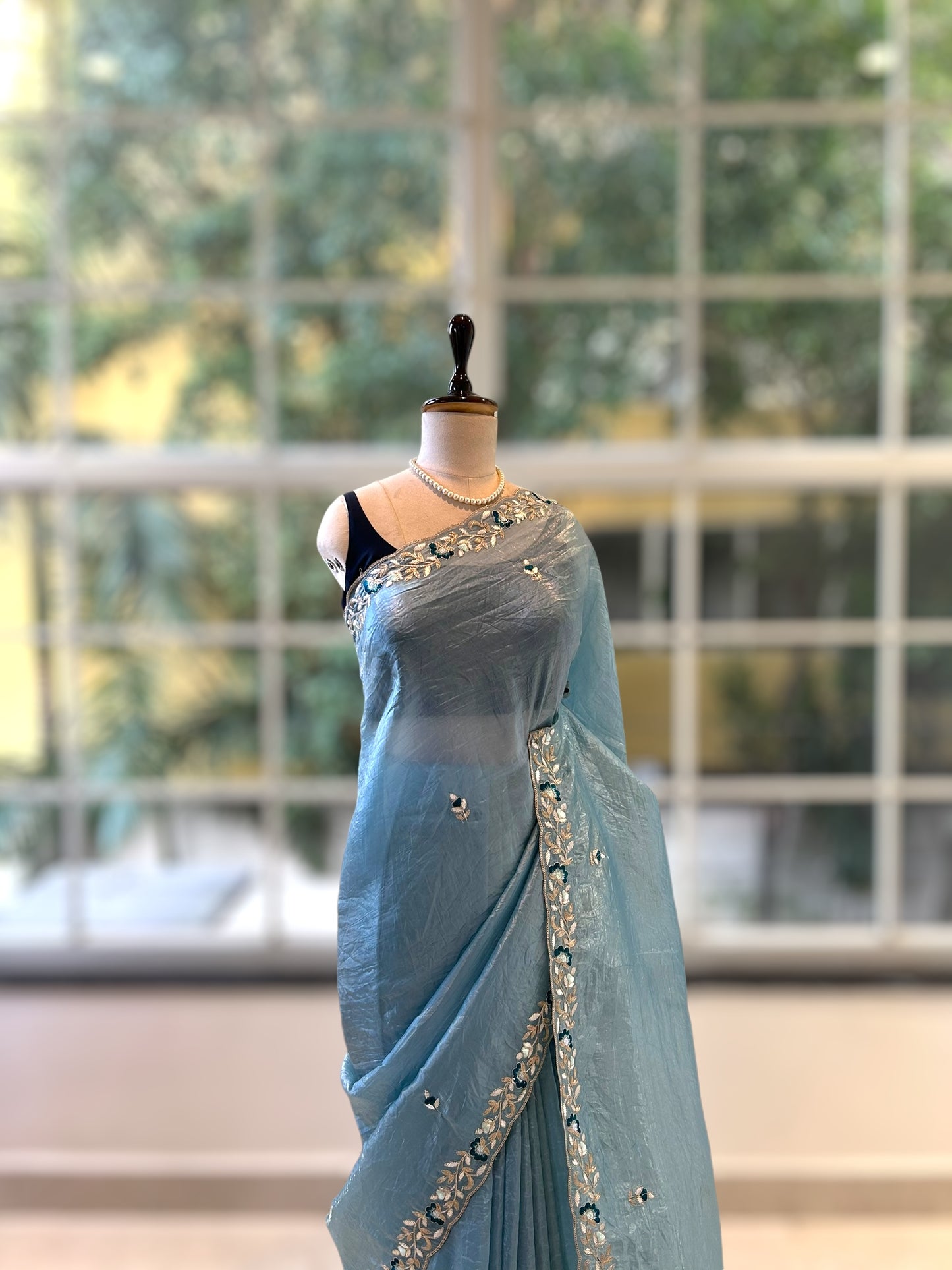 Embroidered crushed organza saree - Sky blue