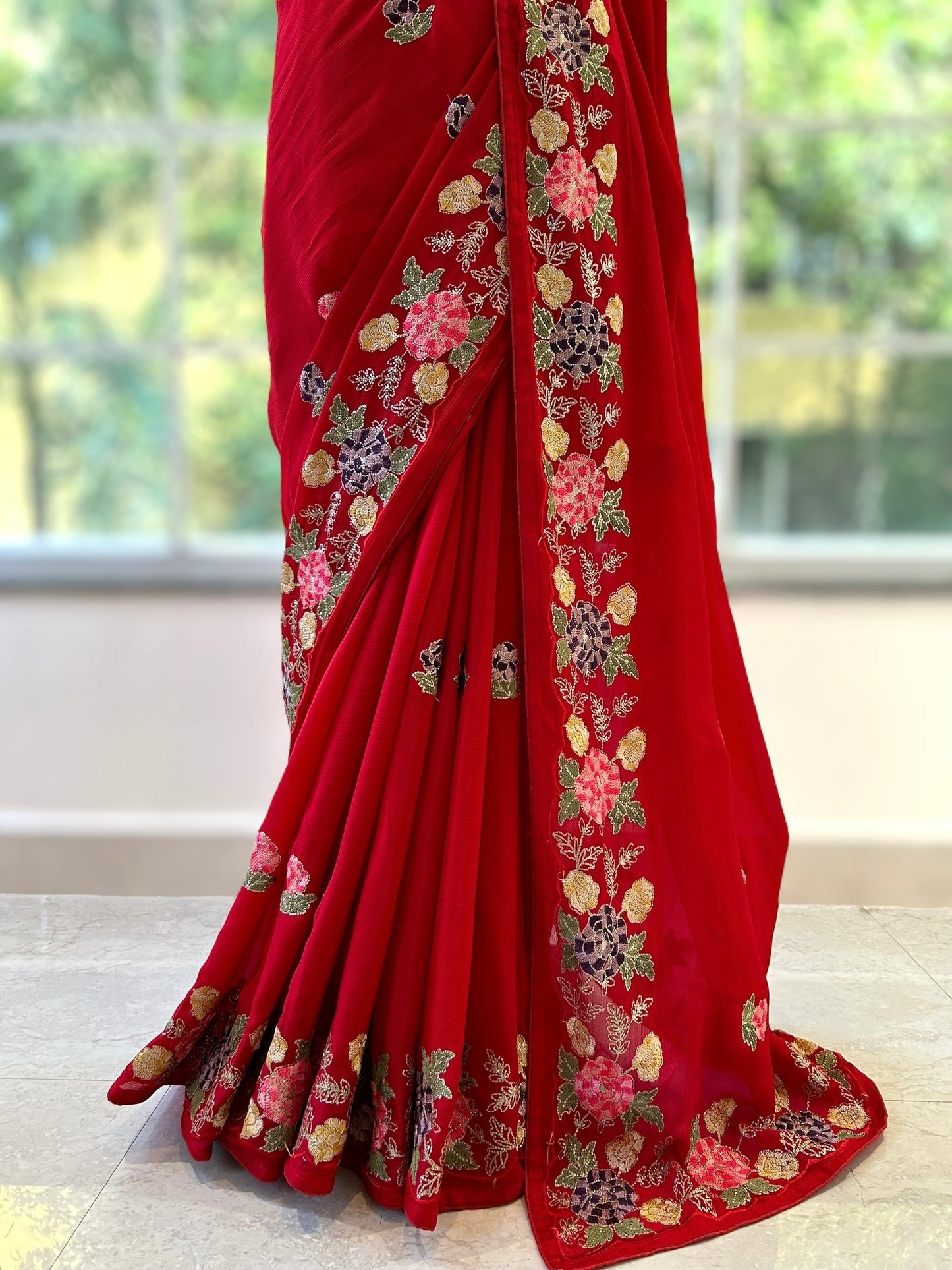 Red pure chiffon floral saree