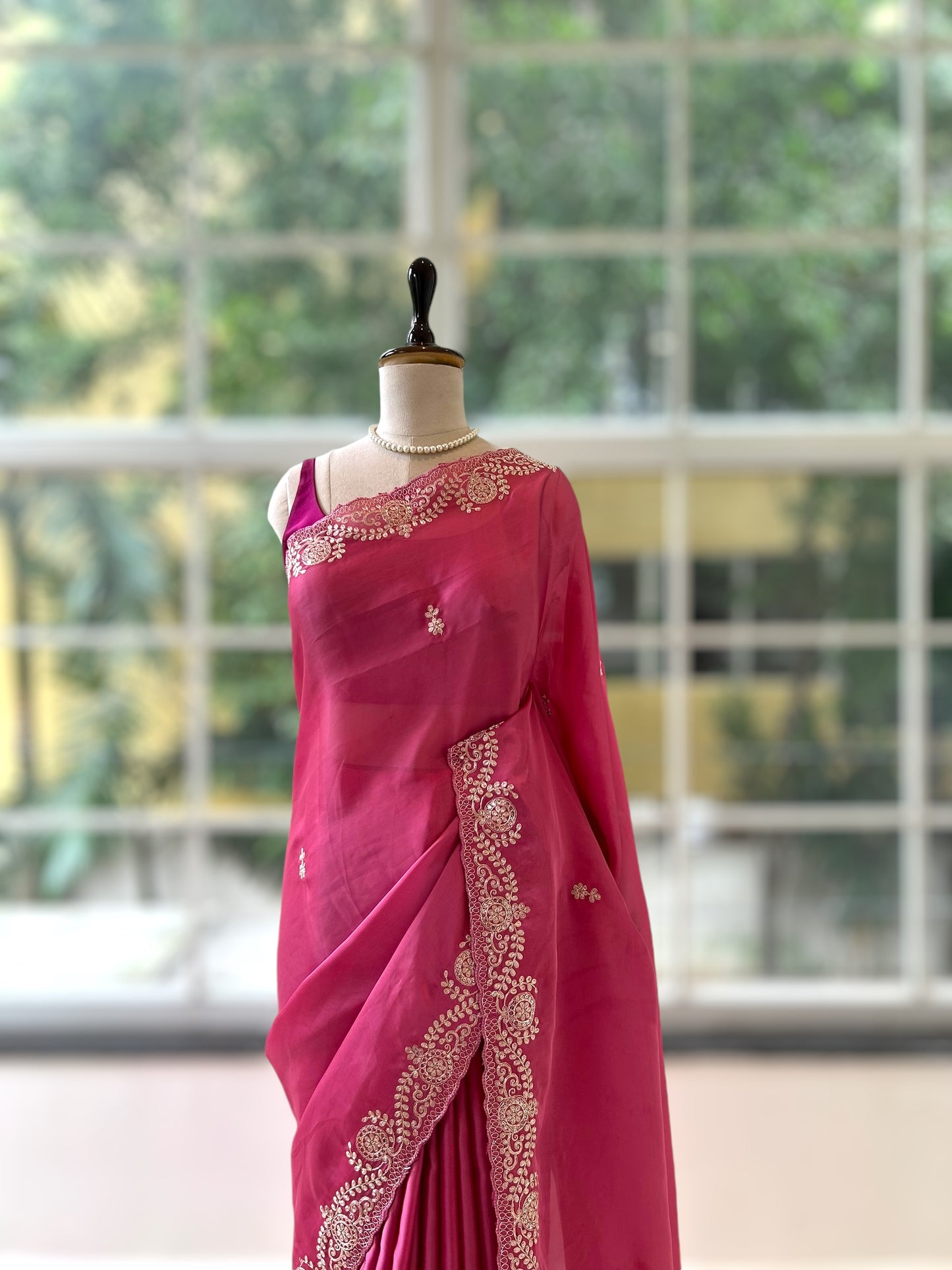 Satin chiffon aari work saree - Pink