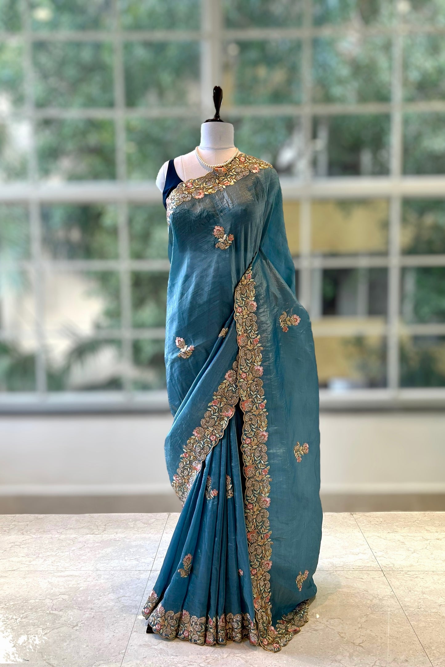 Marine blue swarovski embroidered saree