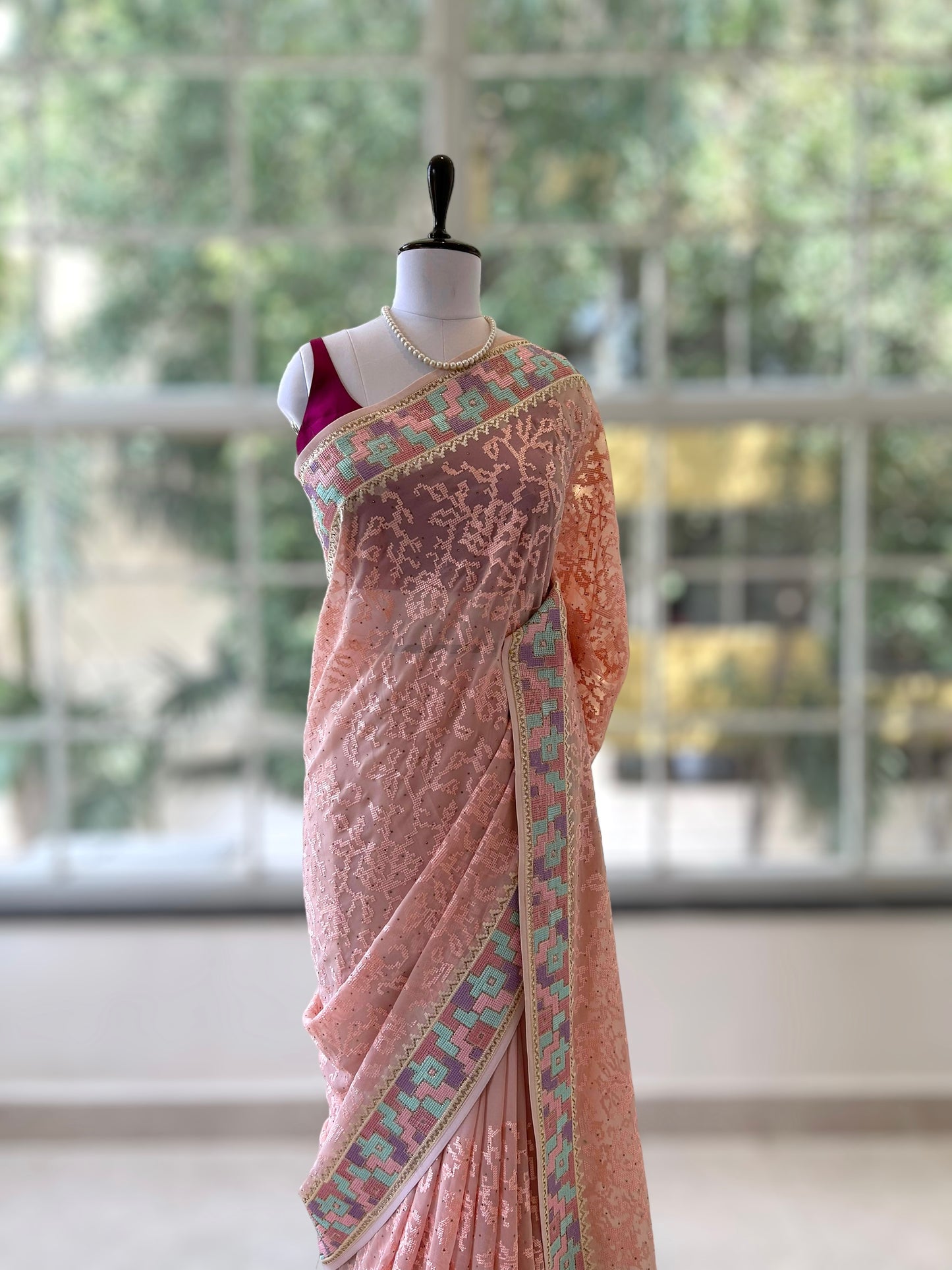 Pink georgette threadwork saree