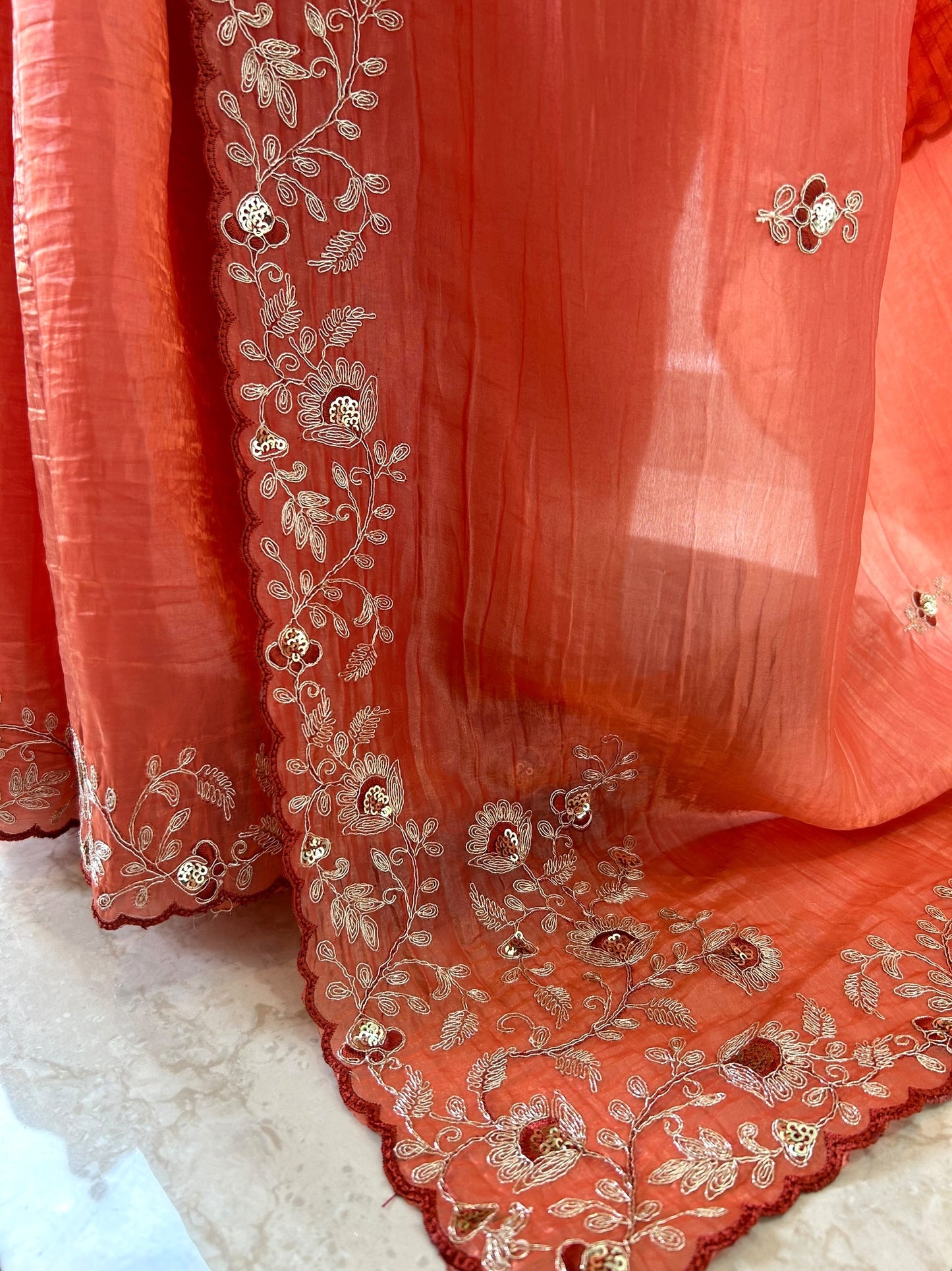 Aariwork crushed organza saree - Orange