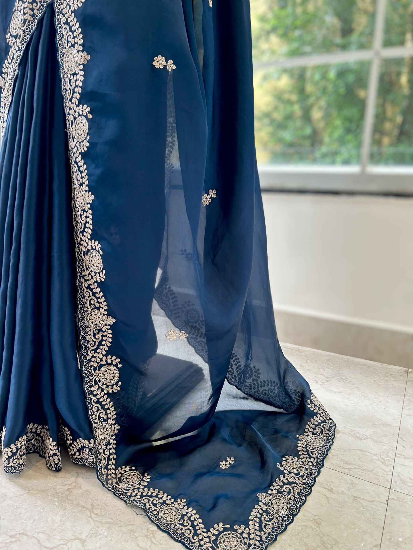 Satin chiffon aari work saree - Navy Blue