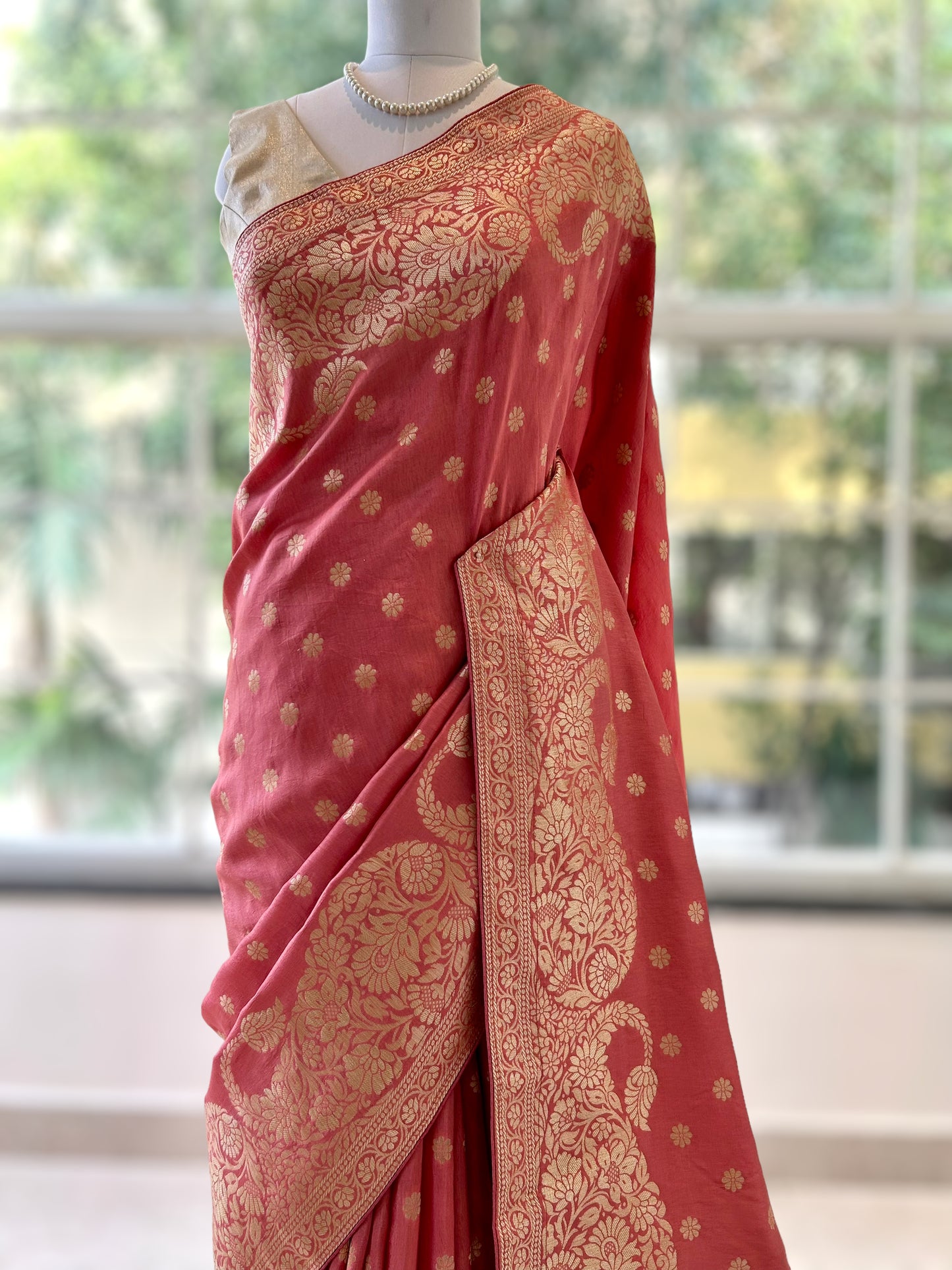 Peach pure dola silk saree