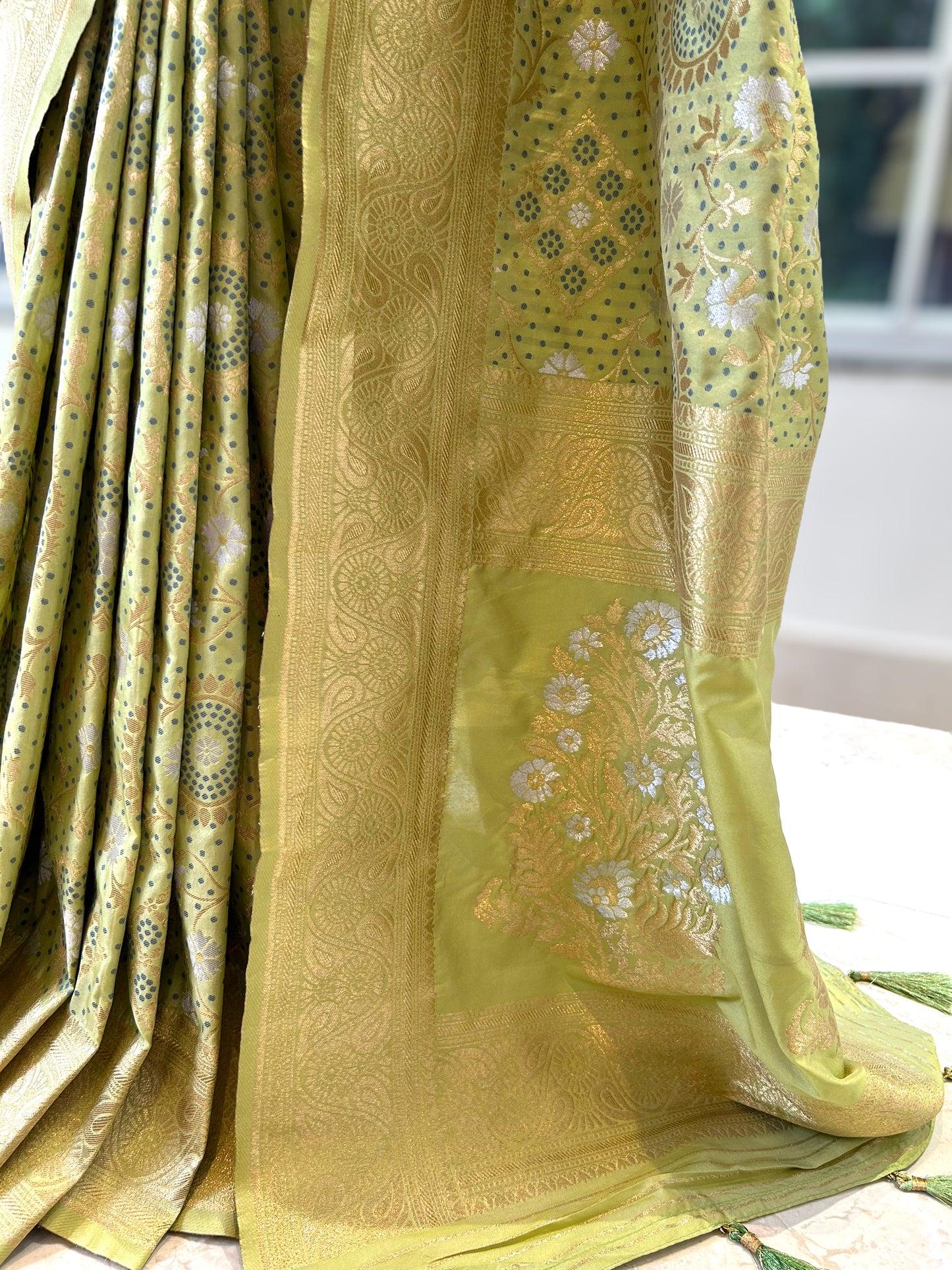 Lime green zariwork saree