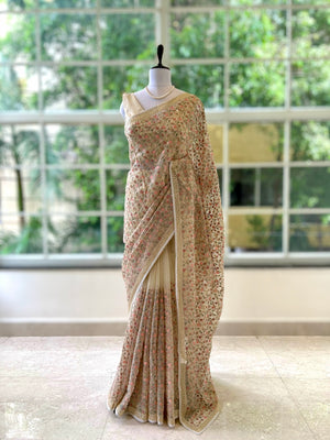 Floral embroidered chiffon saree - Golden