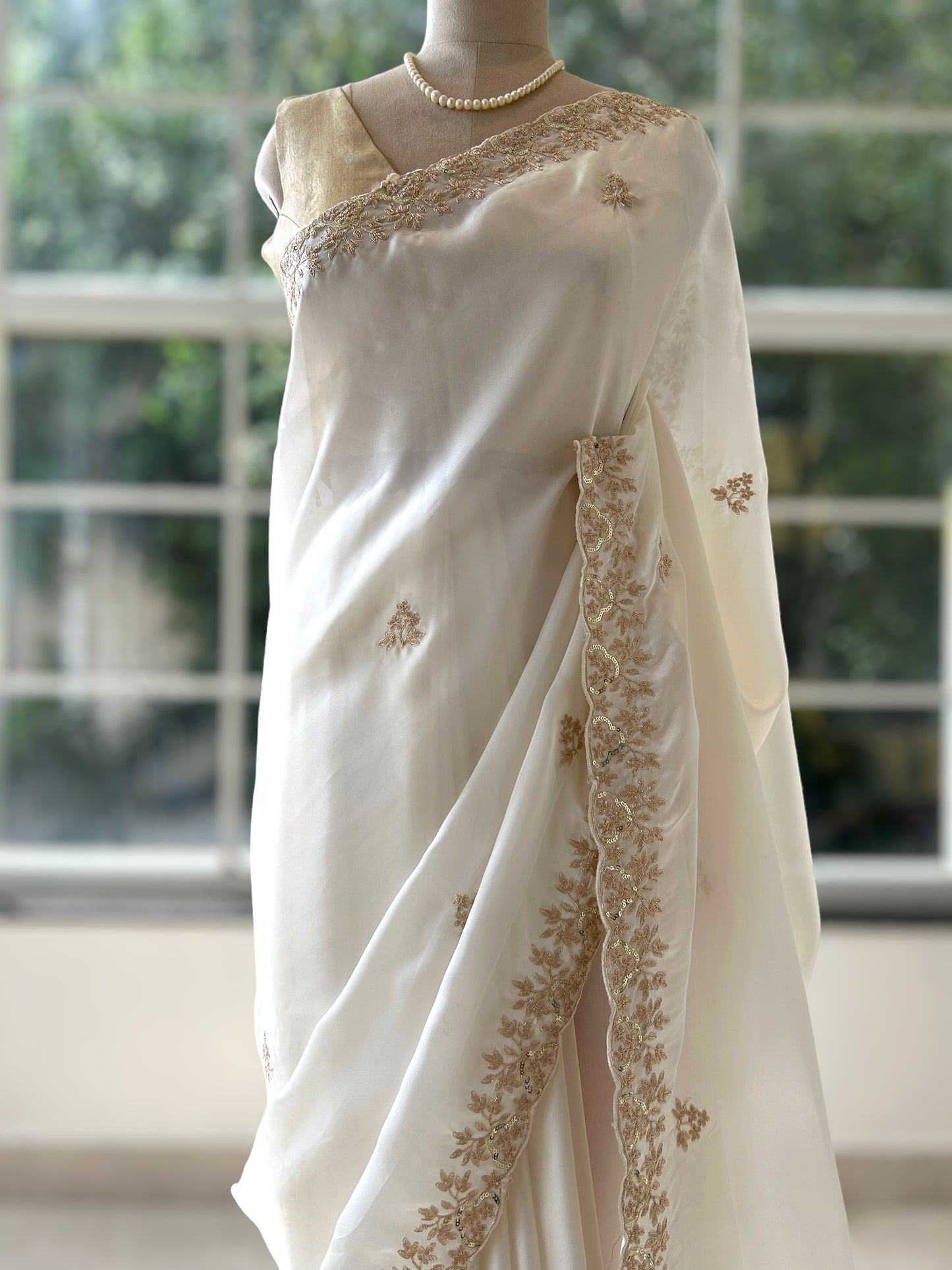 Satin chiffon aari work saree - White