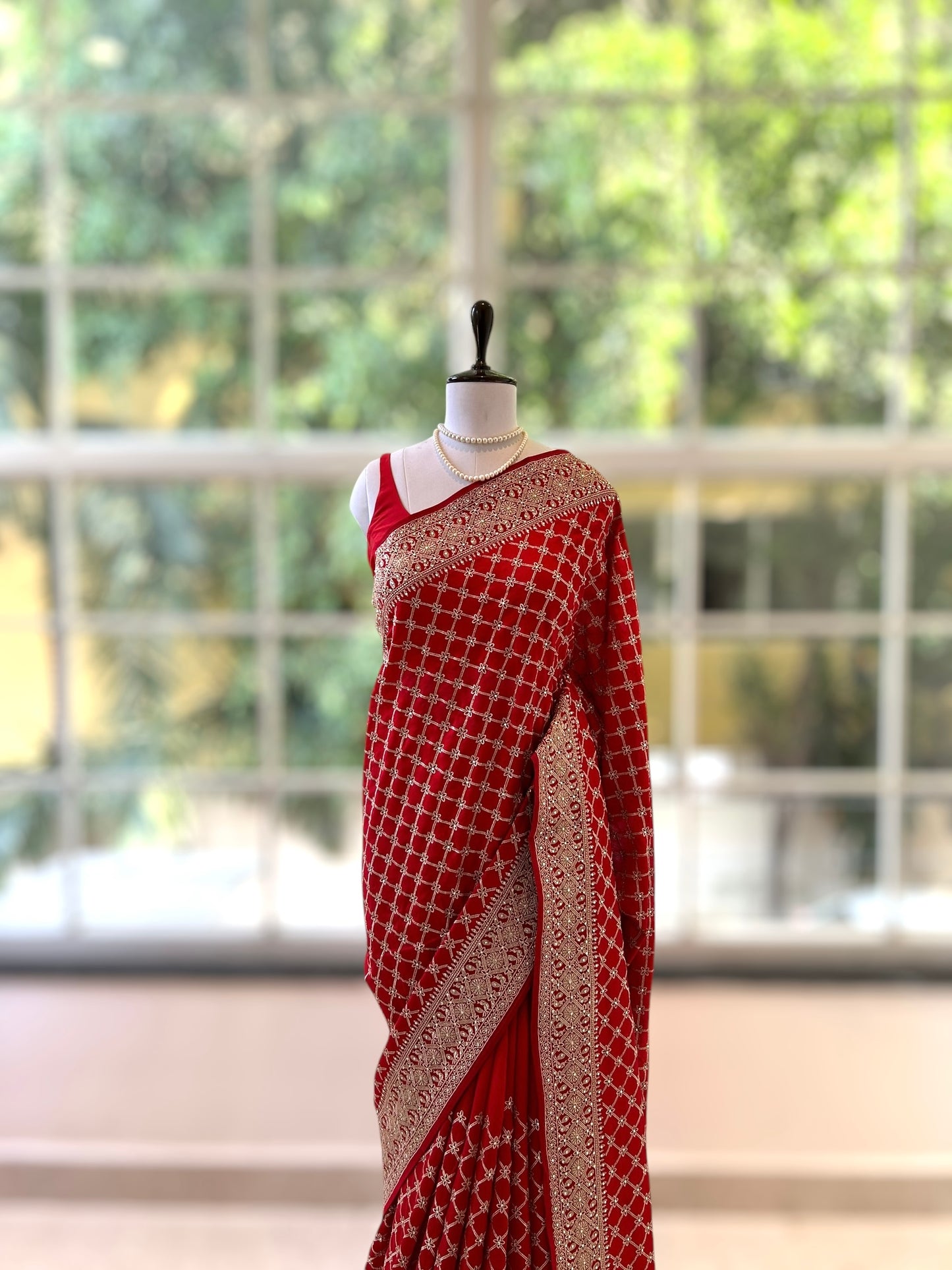 Red organza embroidered saree