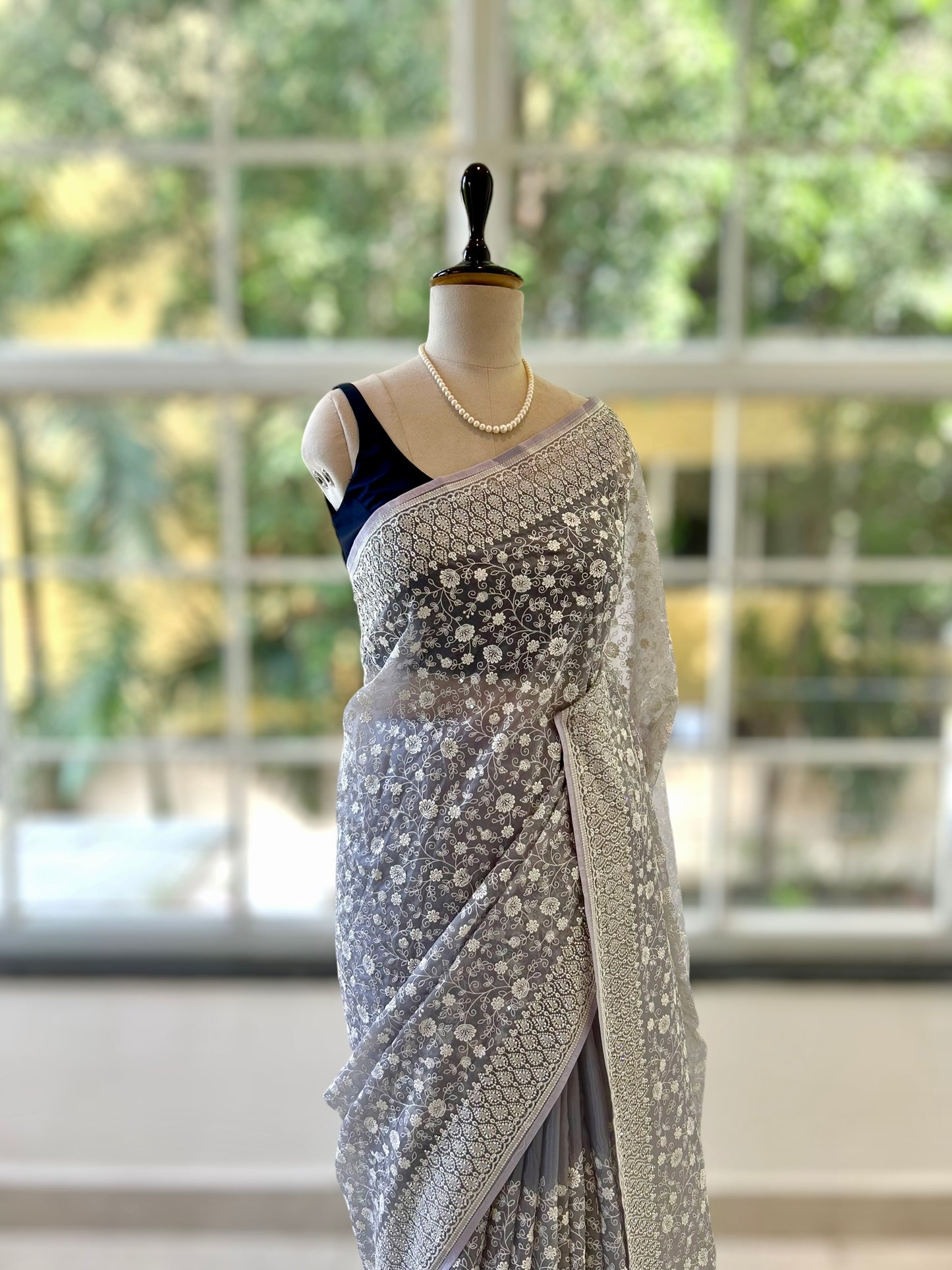 Floral embroidered organza saree - Grey