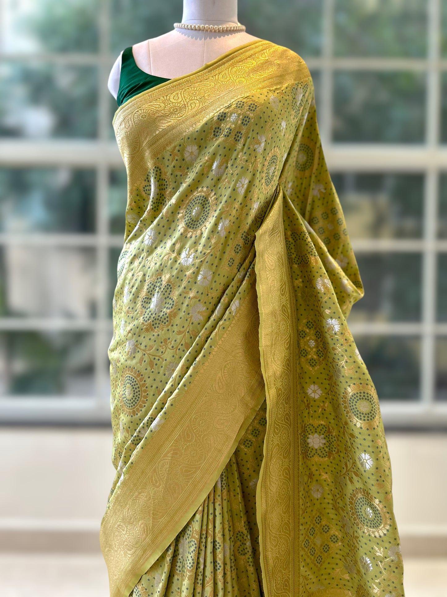 Lime green zariwork saree