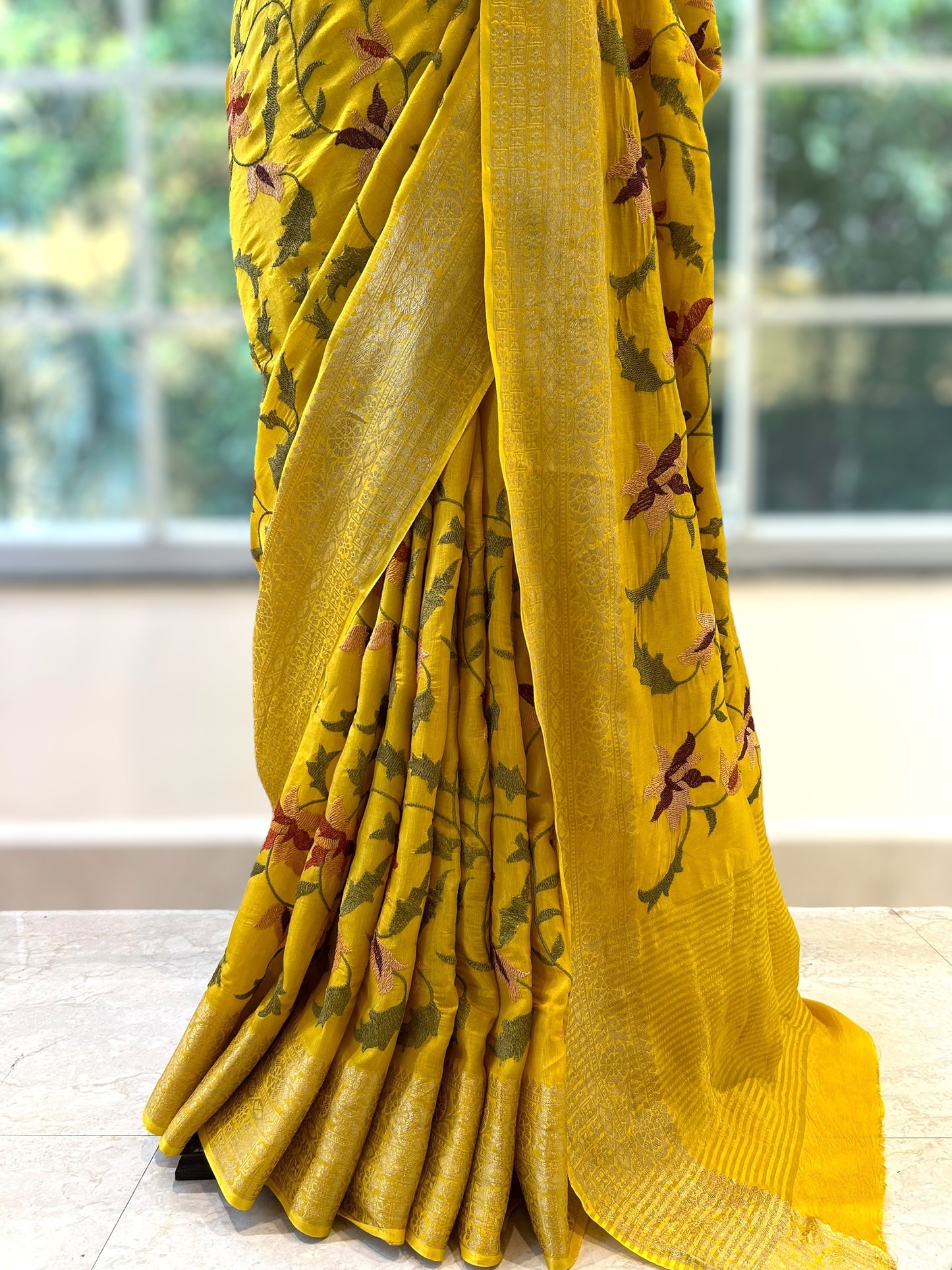 Resham embroidered saree - Yellow