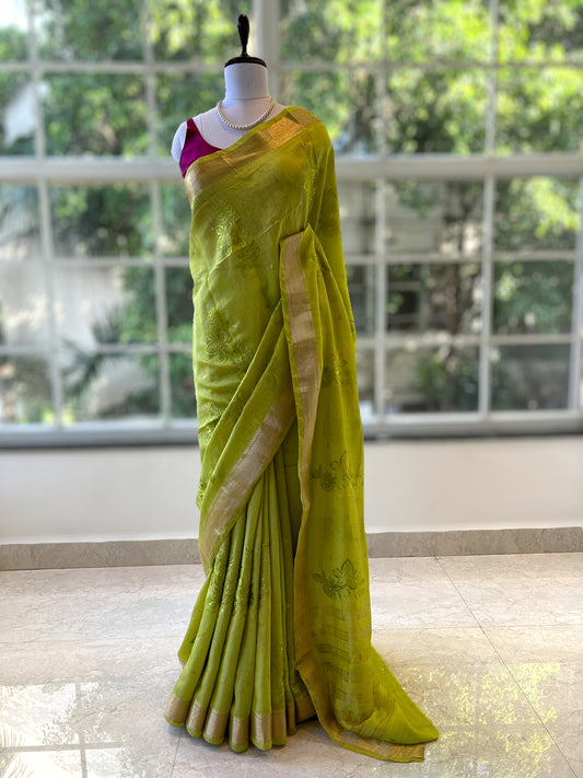 Parrot green pure soft chanderi cotton saree