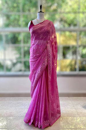 Organza mirror work saree - Pink