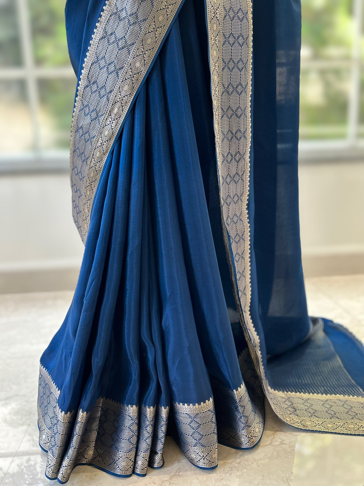 Celestial satin organza saree - Navy Blue