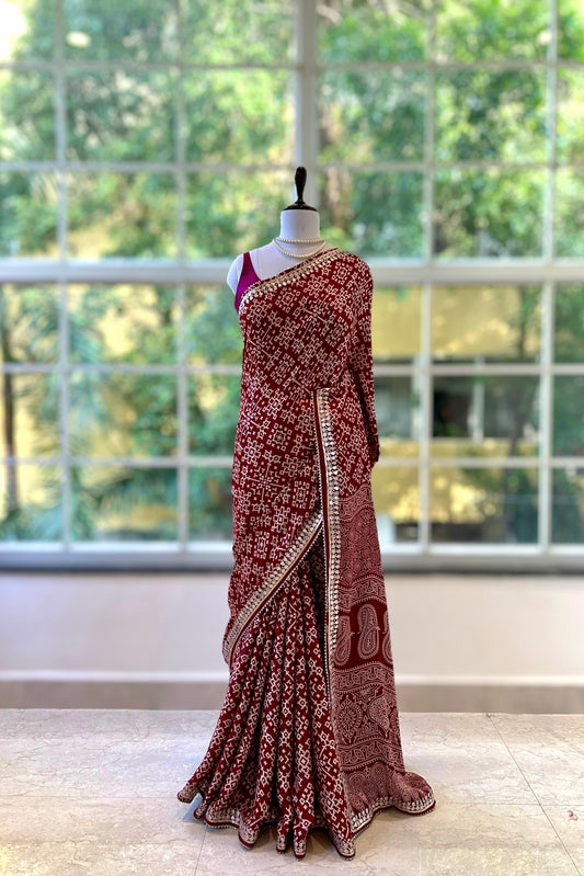 Ajrakh modal satin work saree - Maroon