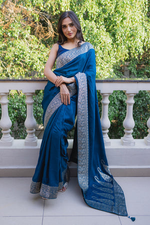 Pure dola silk tassel saree - Teal Blue