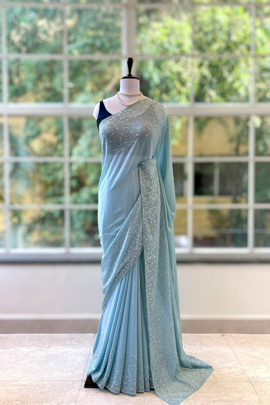 Starry sequins chiffon saree - Blue