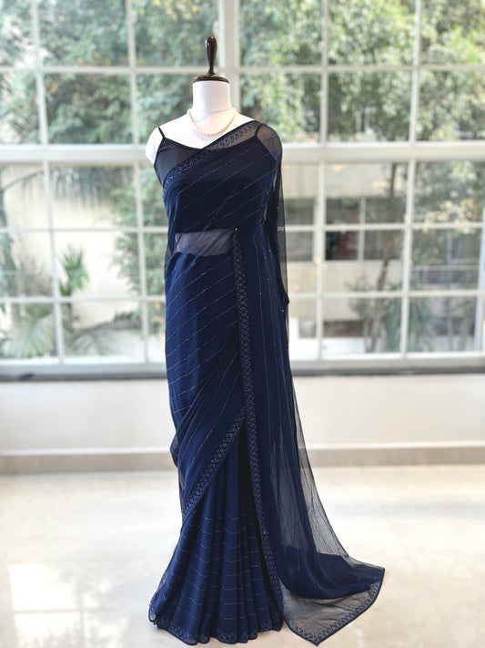 Pure georgette sequins saree - Navy Blue