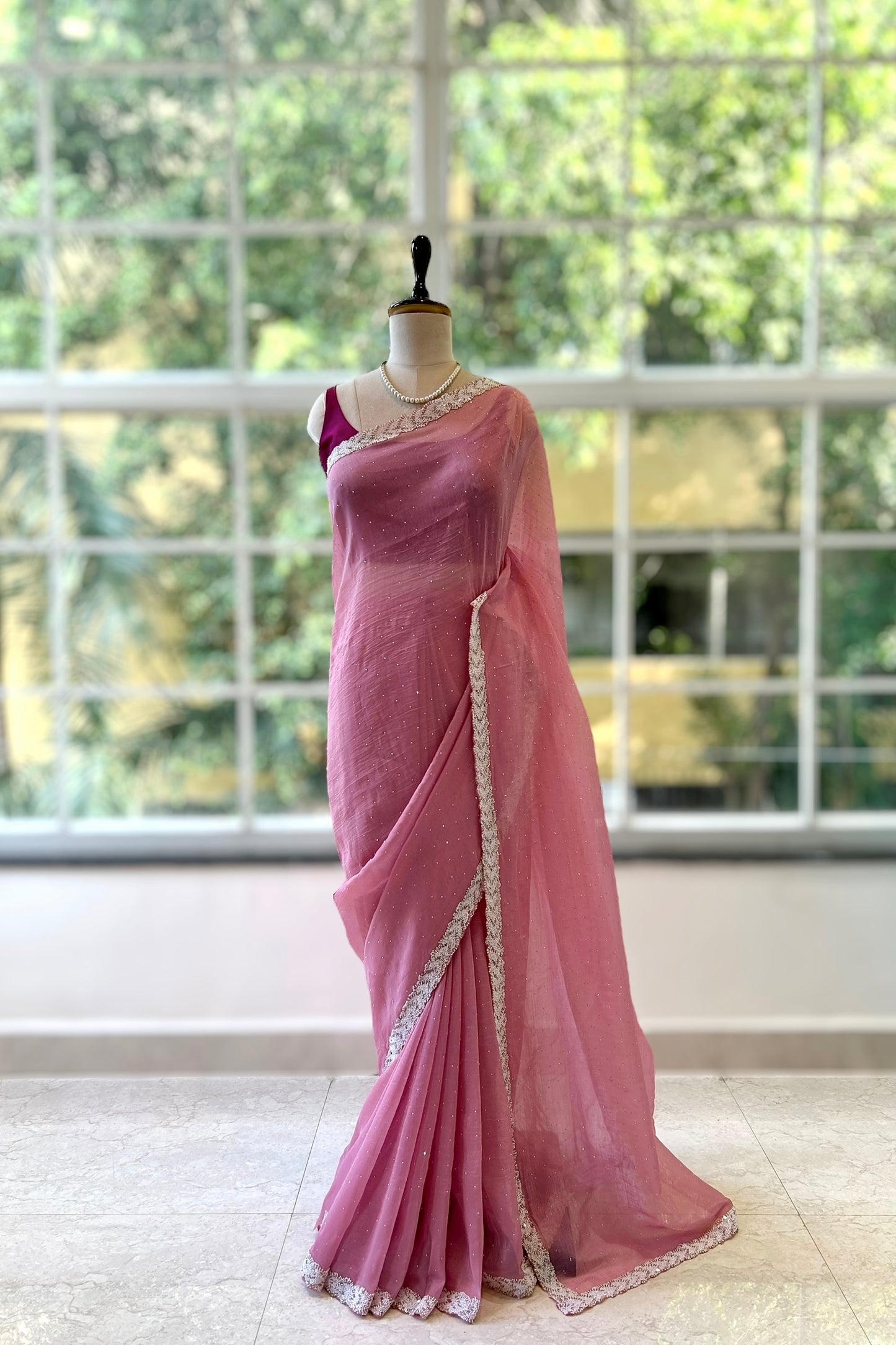 Marble chiffon embellished saree - Pink