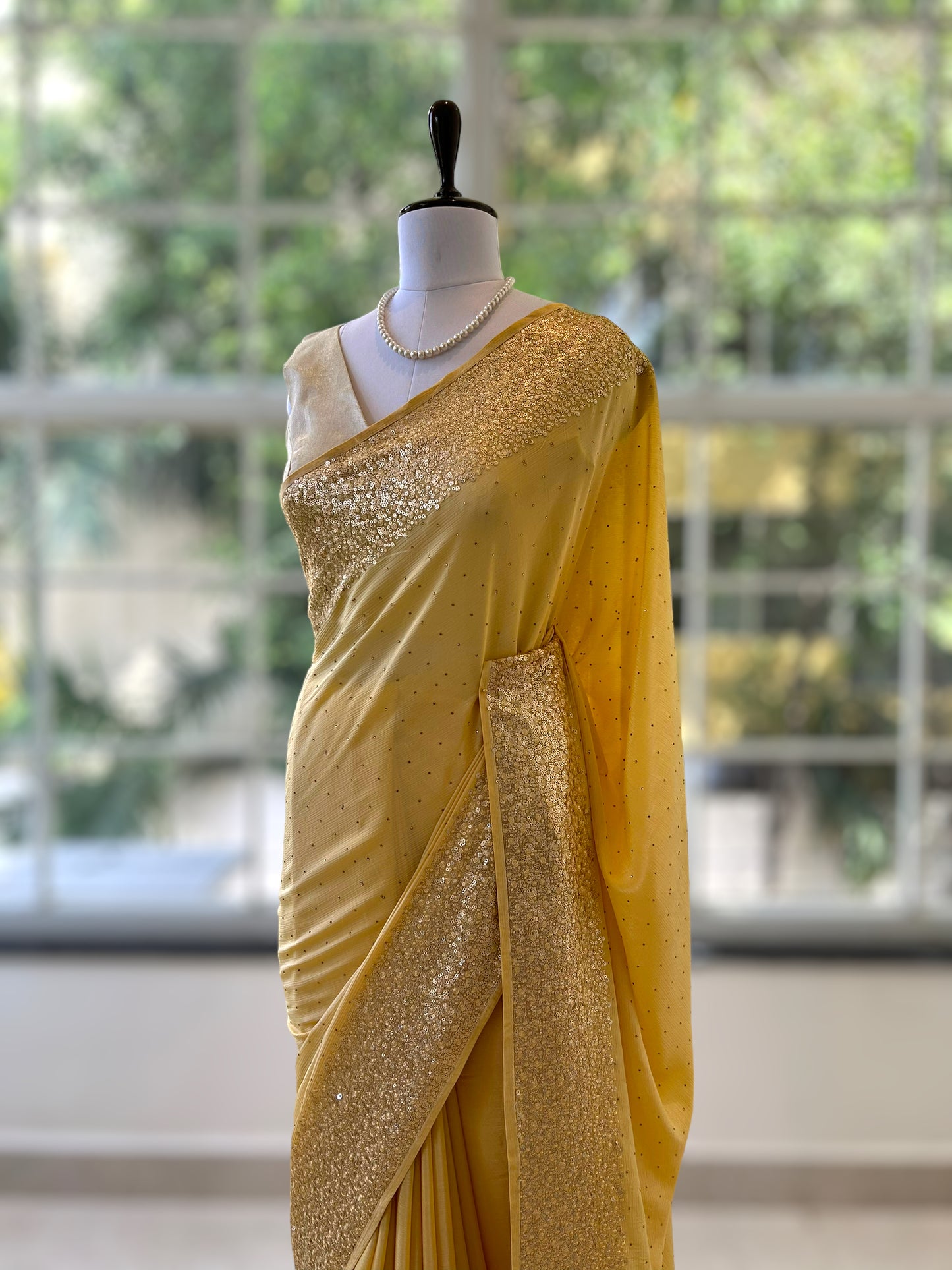 Chiffon sequins saree - Yellow