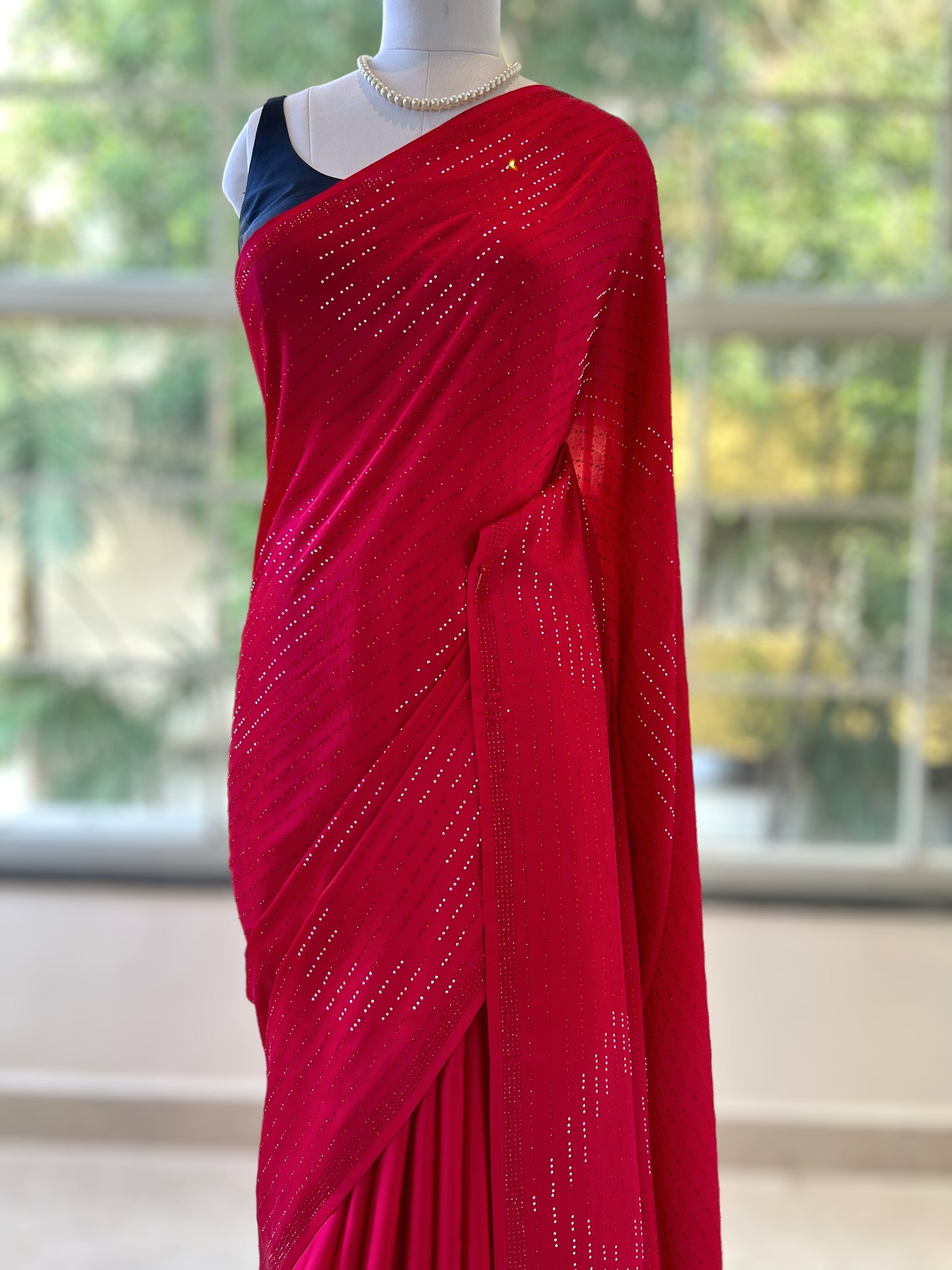 Swarovski satin saree - Cherry red