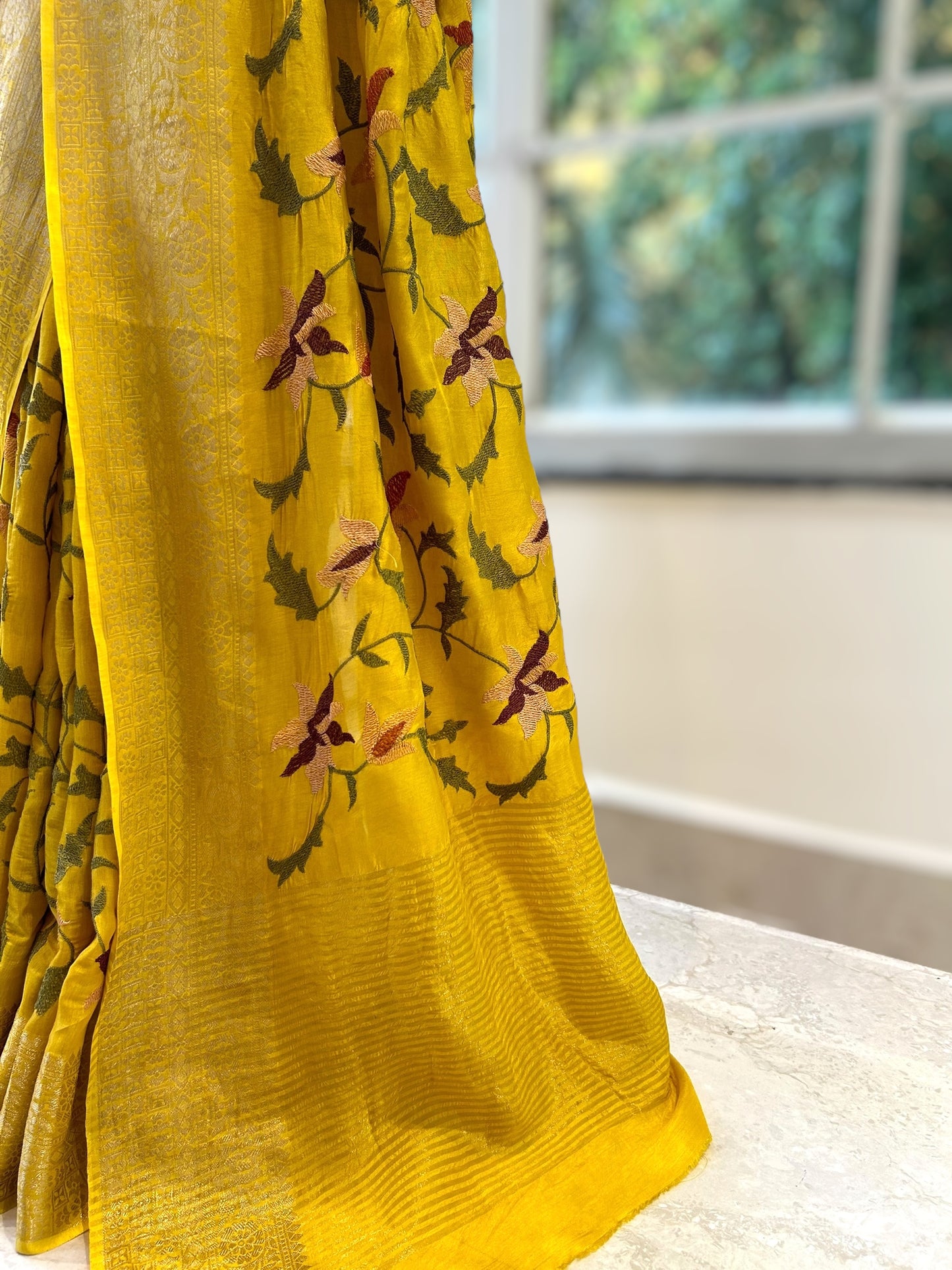 Resham embroidered saree - Yellow