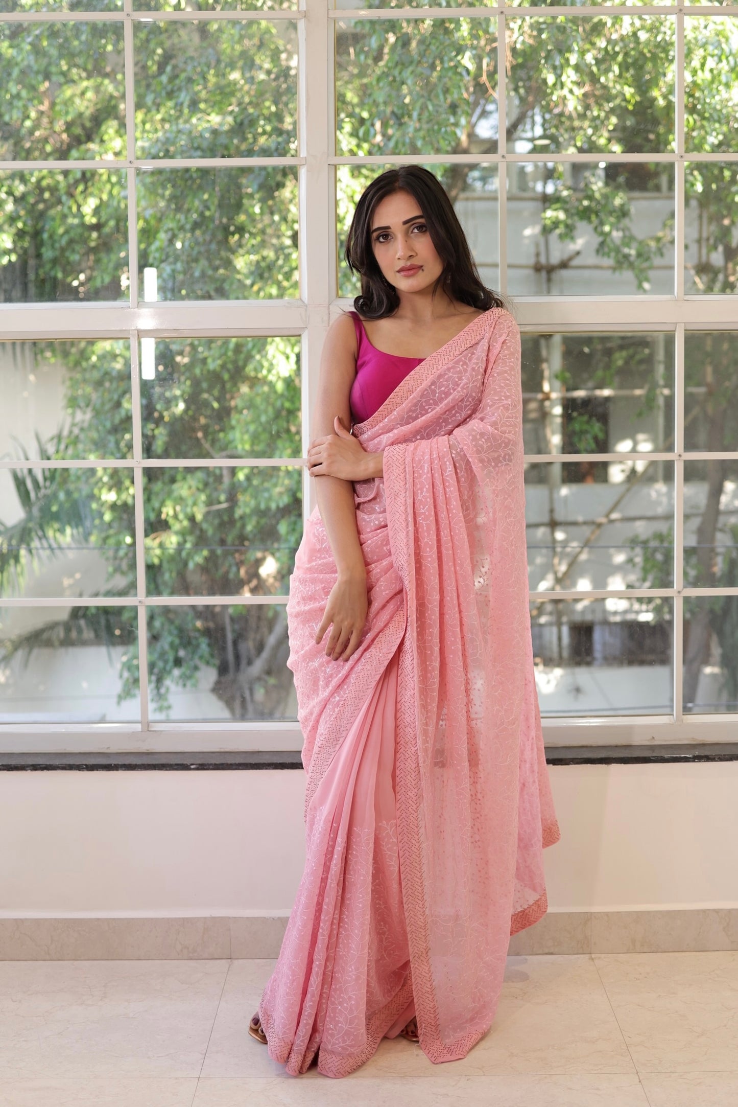 Pink georgette sequins embroidered saree