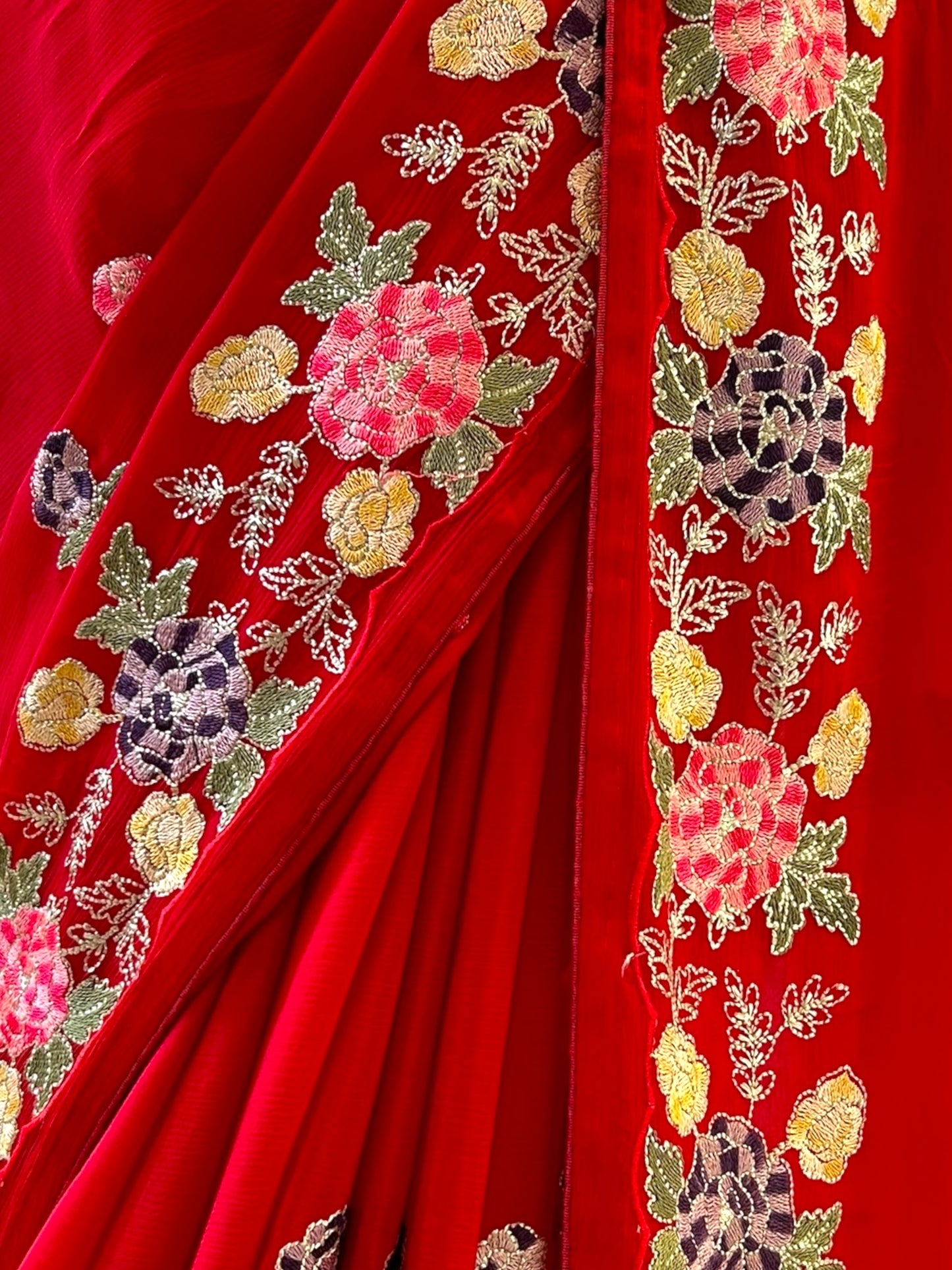 Red pure chiffon floral saree