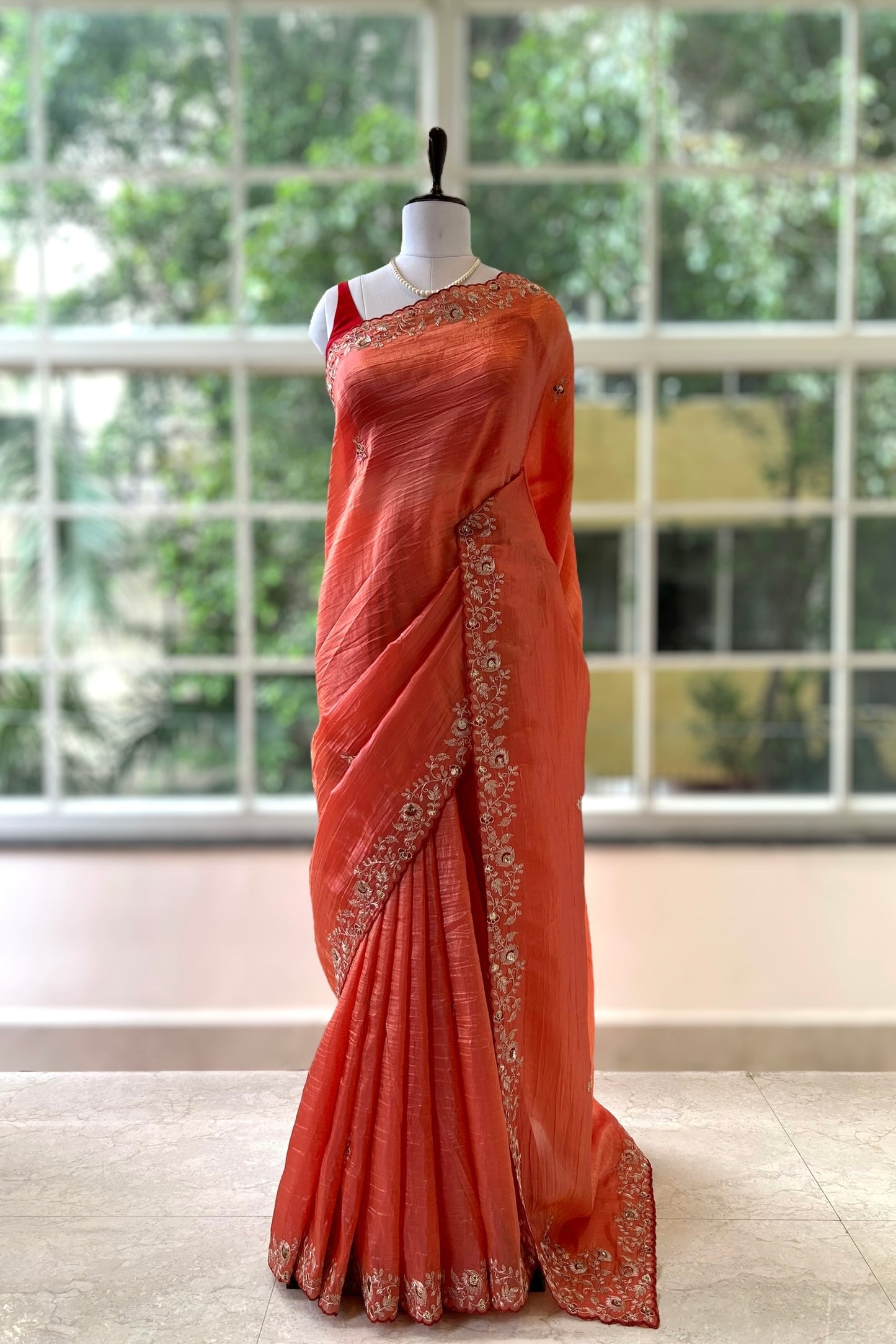 Aariwork crushed organza saree - Orange