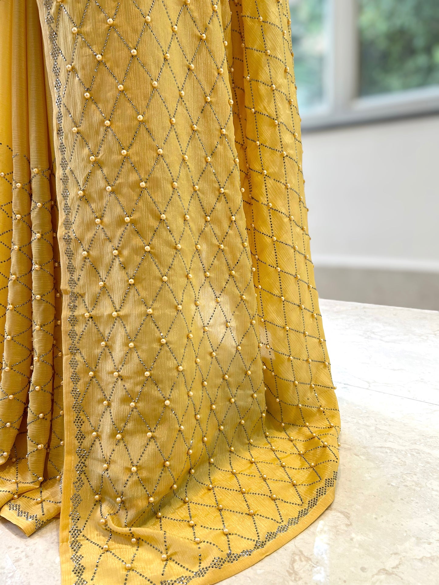 Yellow sequins & pearl saree