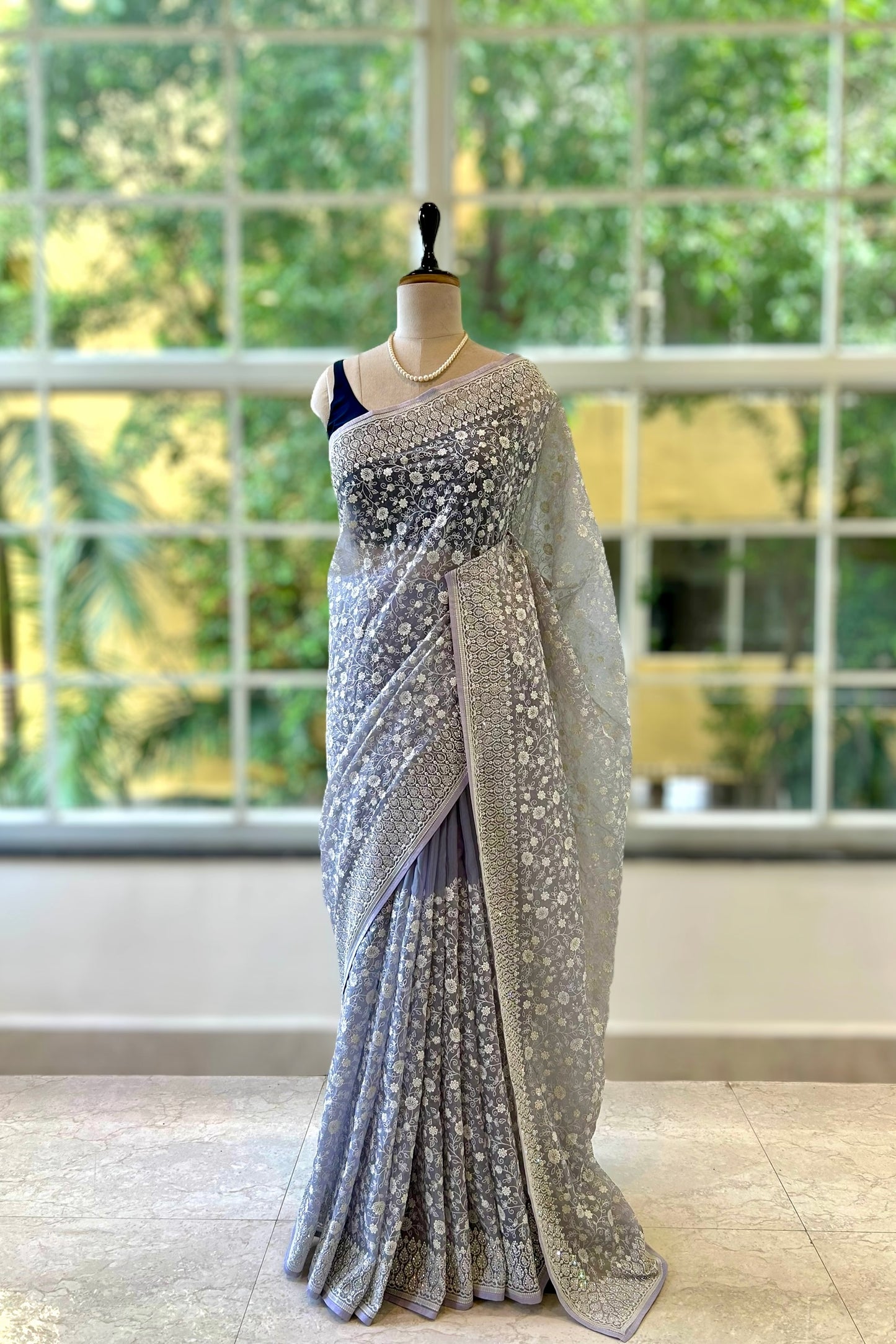 Floral embroidered organza saree - Grey