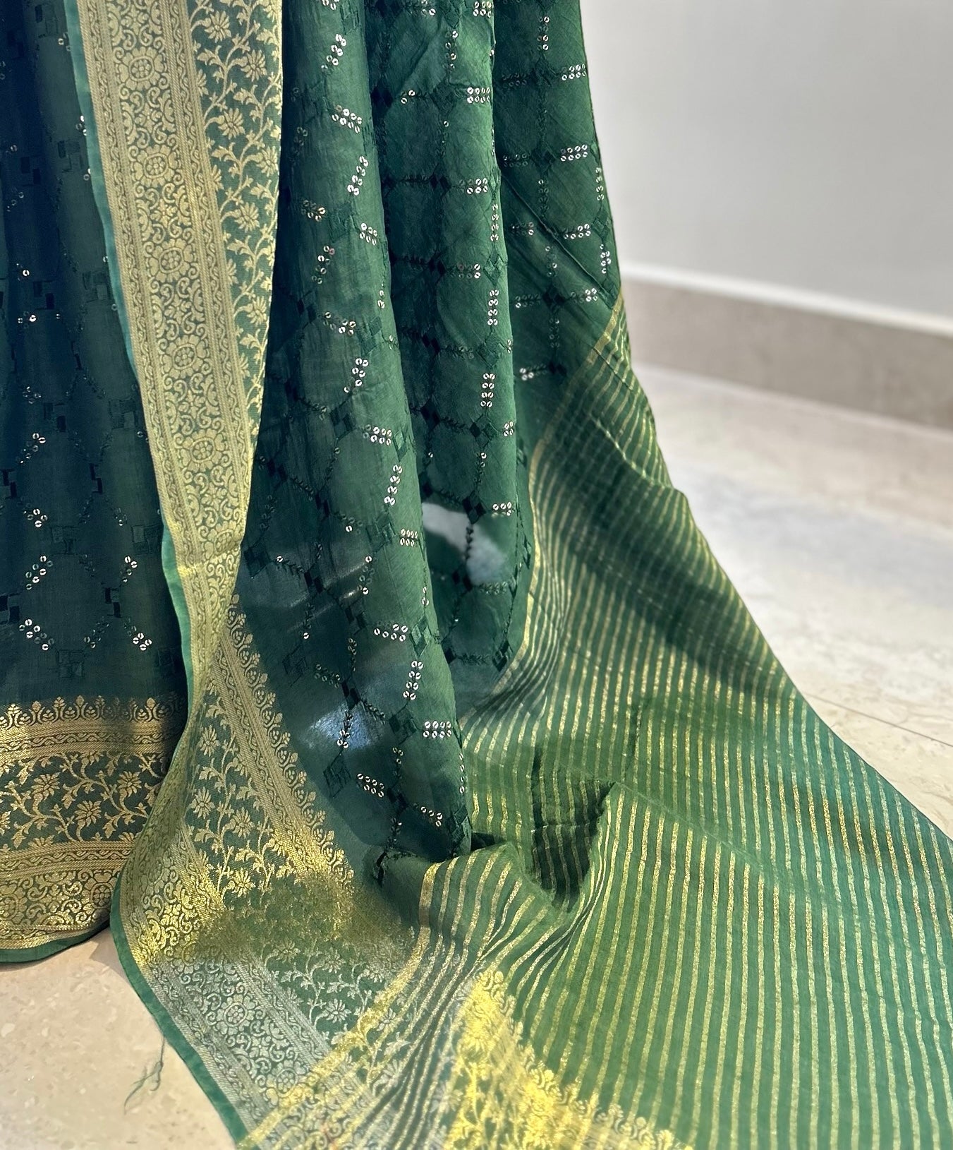 Bottle green sequins saree