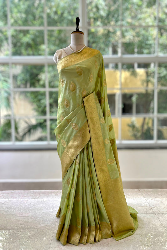 Banarasi soft silk saree - Lime green