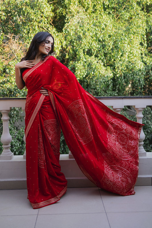 Red pure dola silk saree