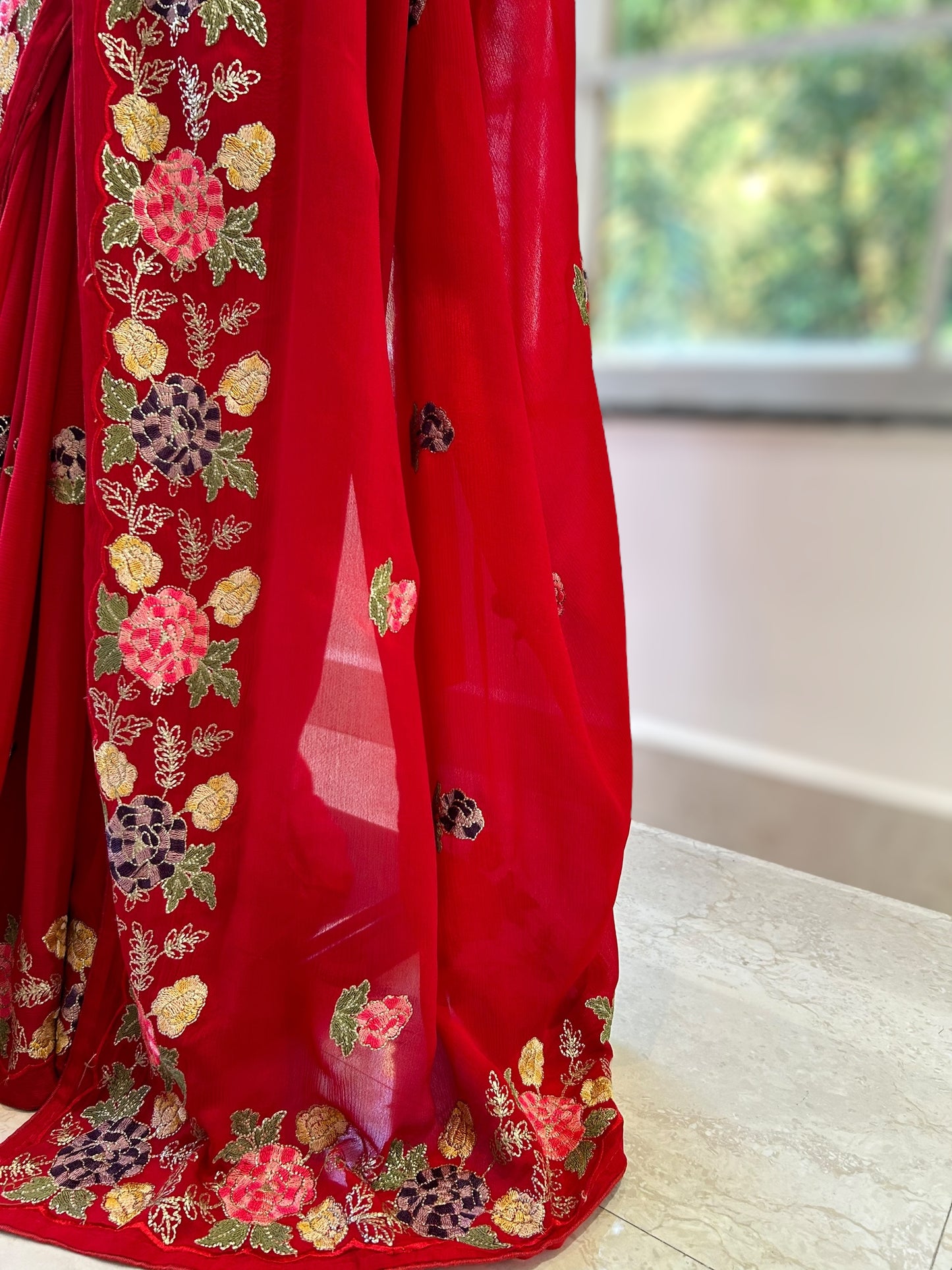 Red pure chiffon floral saree