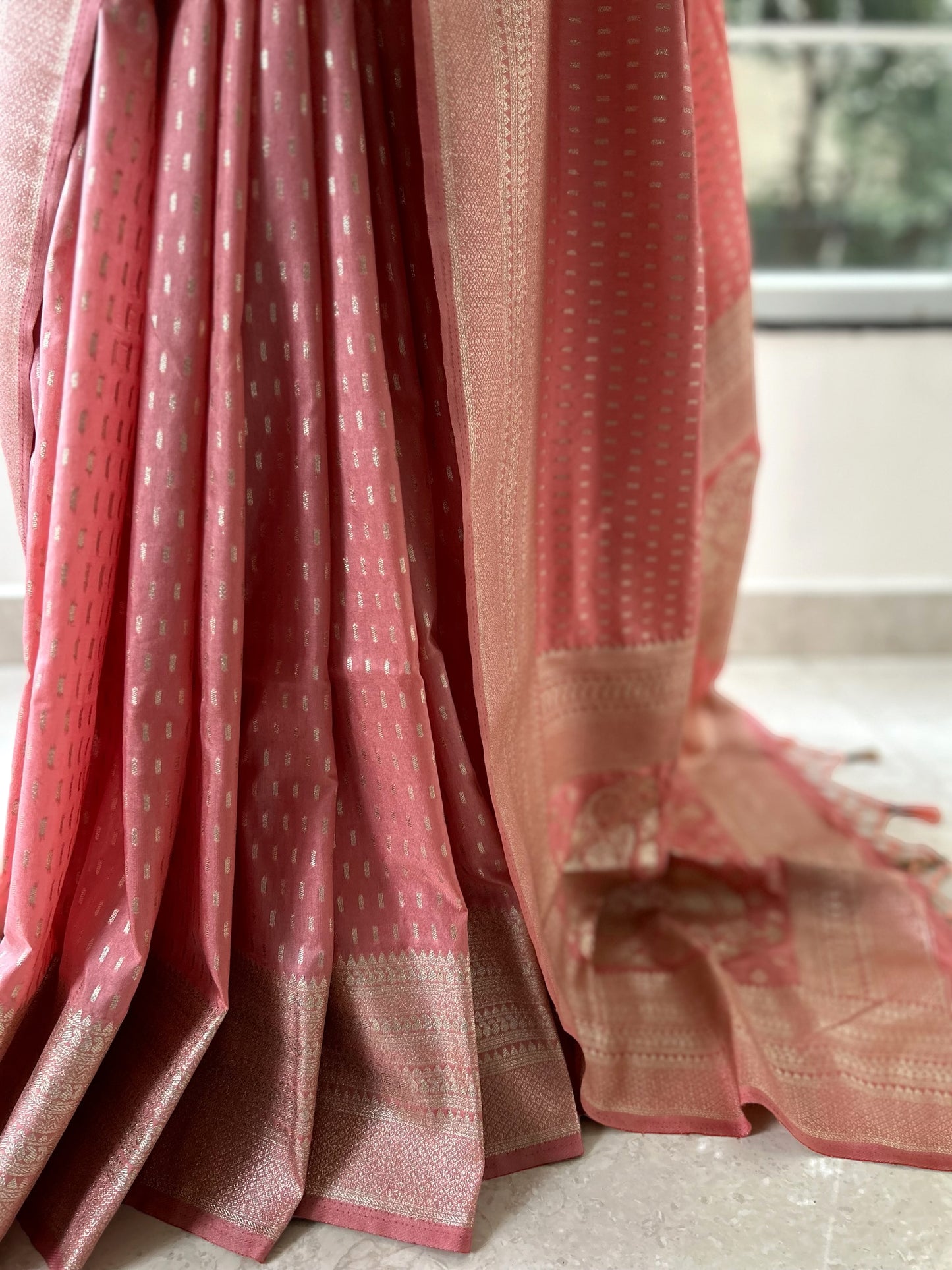 Peach pink gajji silk saree