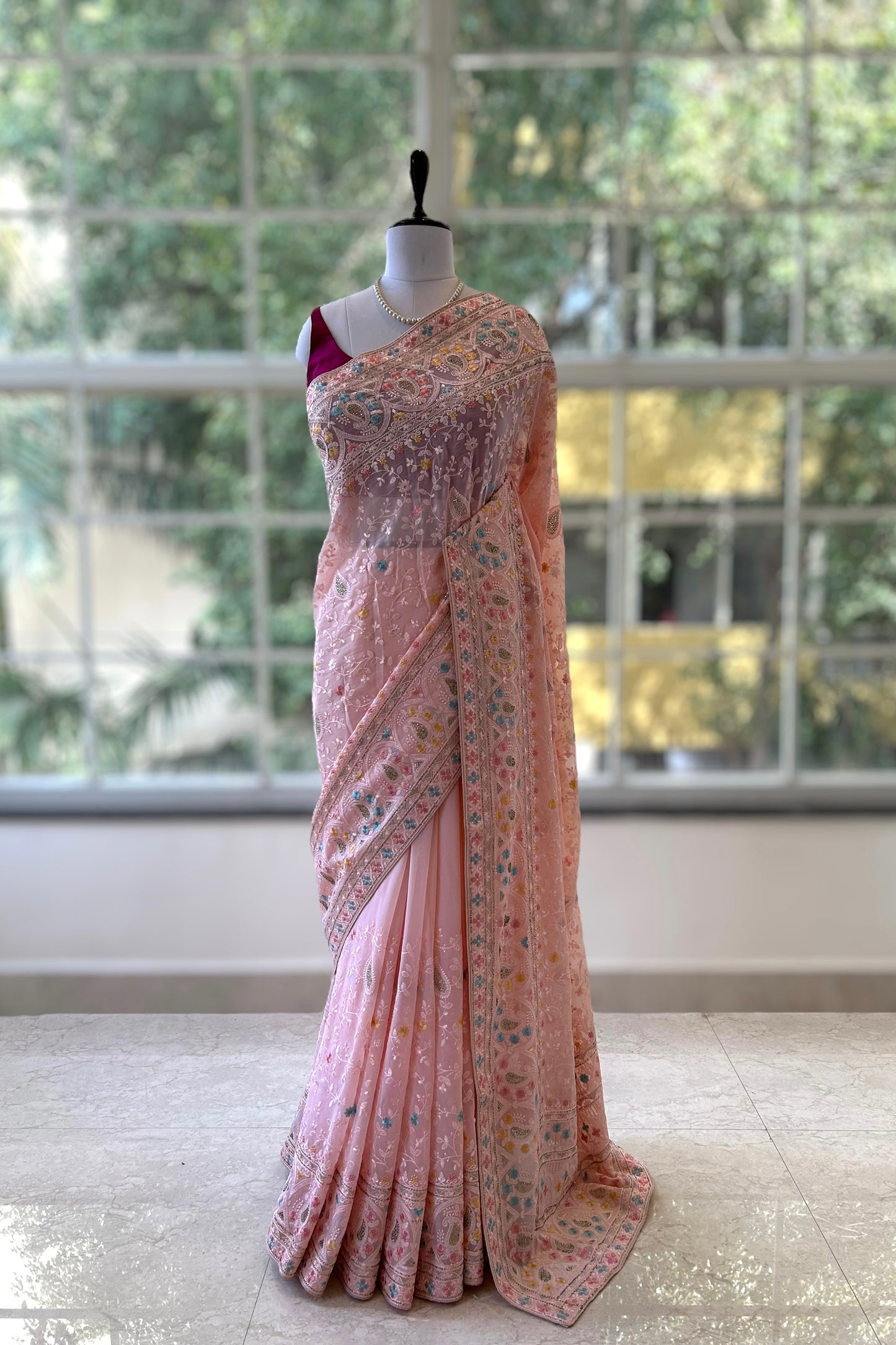 Pink georgette threadwork saree