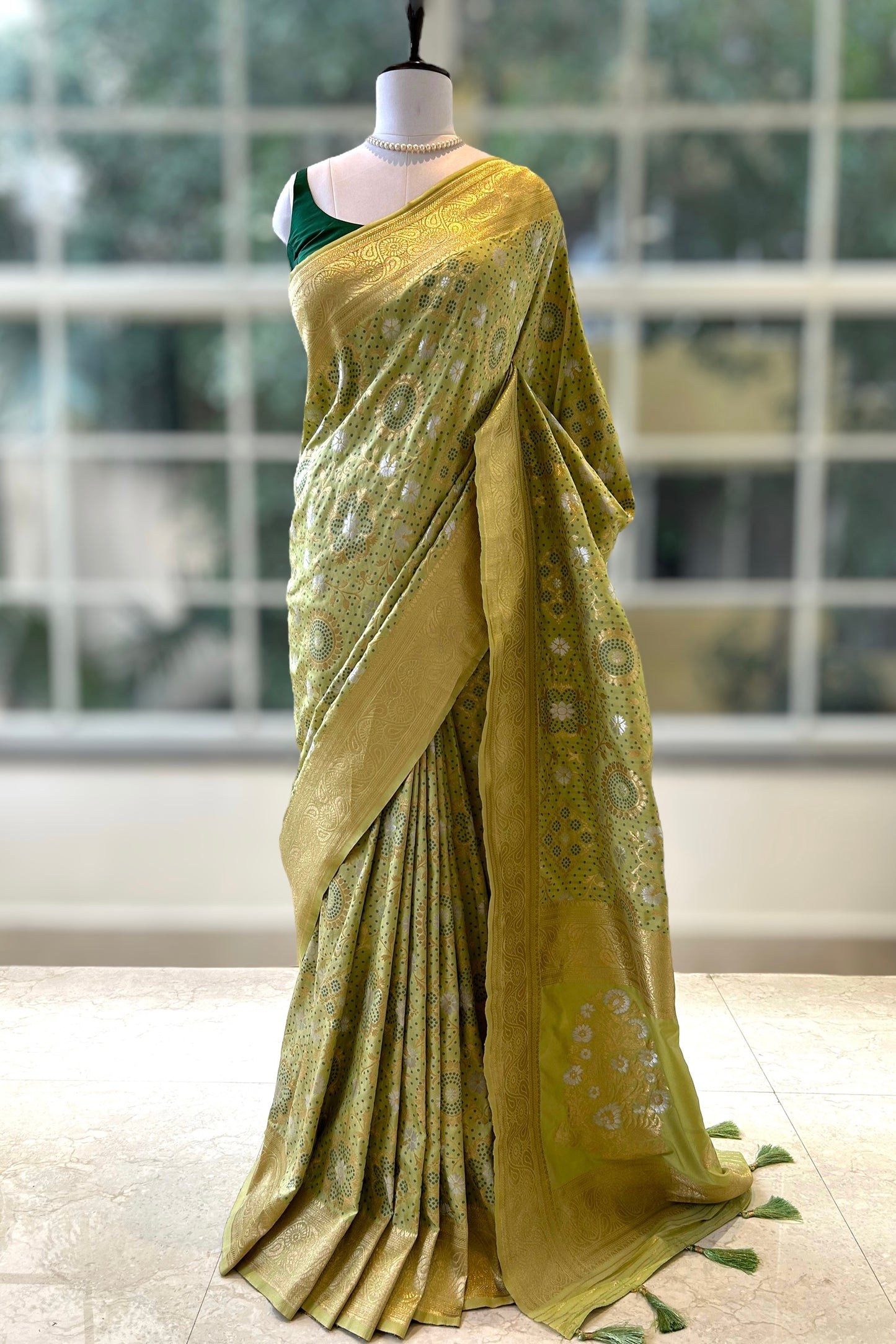 Lime green zariwork saree