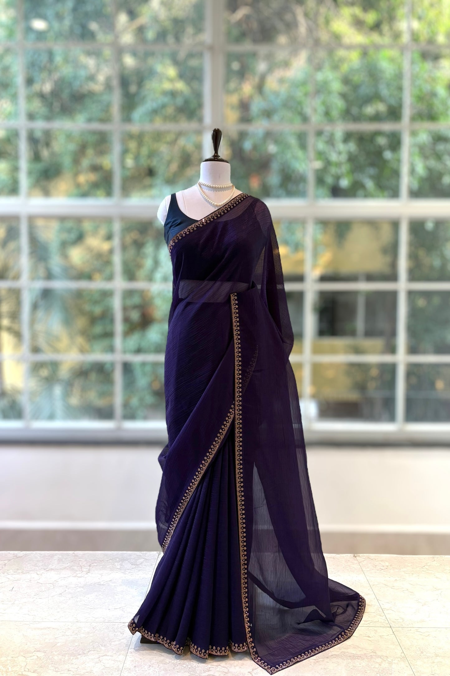 Swarovski embellished chiffon saree - Violet