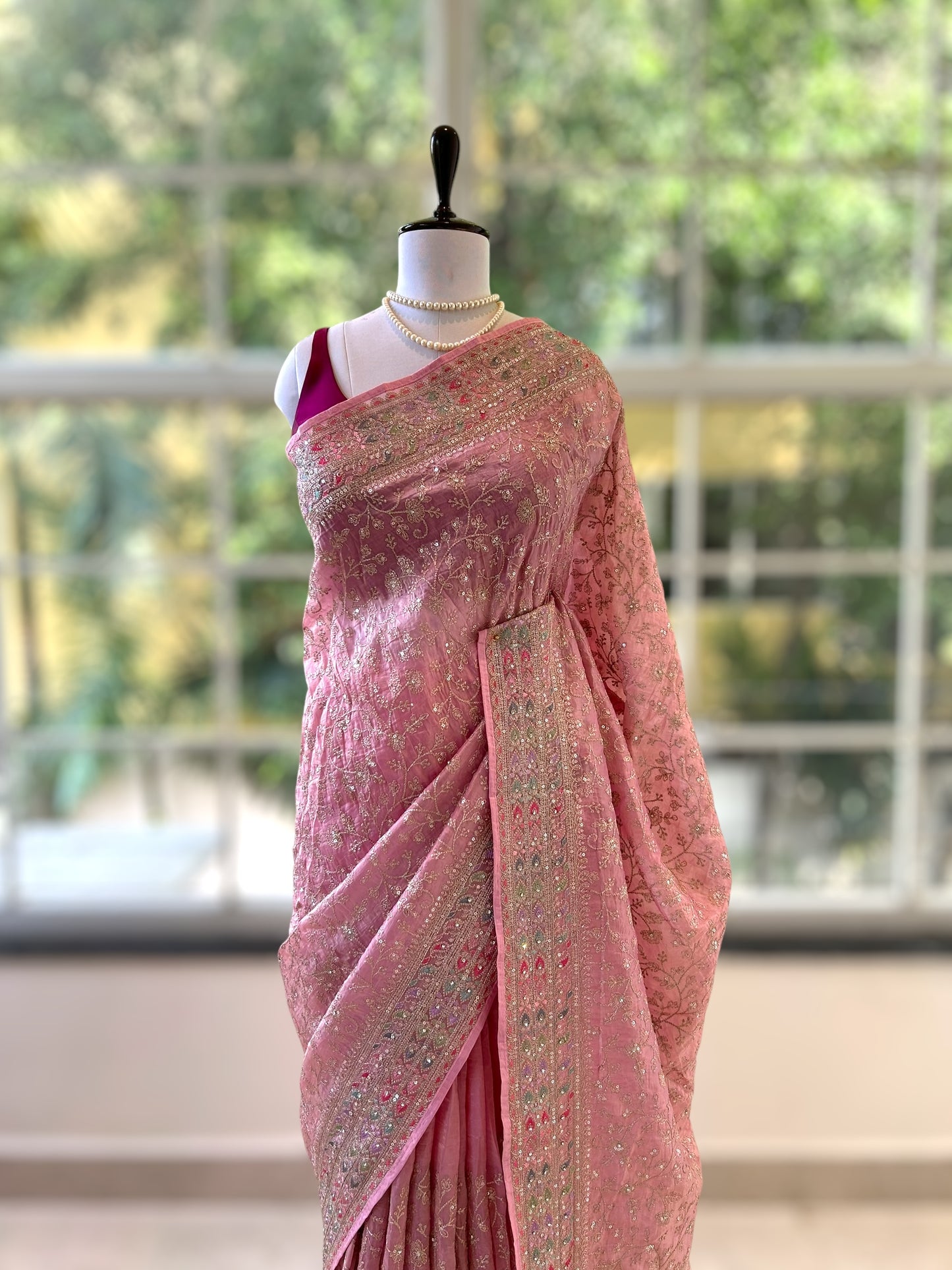 Soft organza work saree - Pink