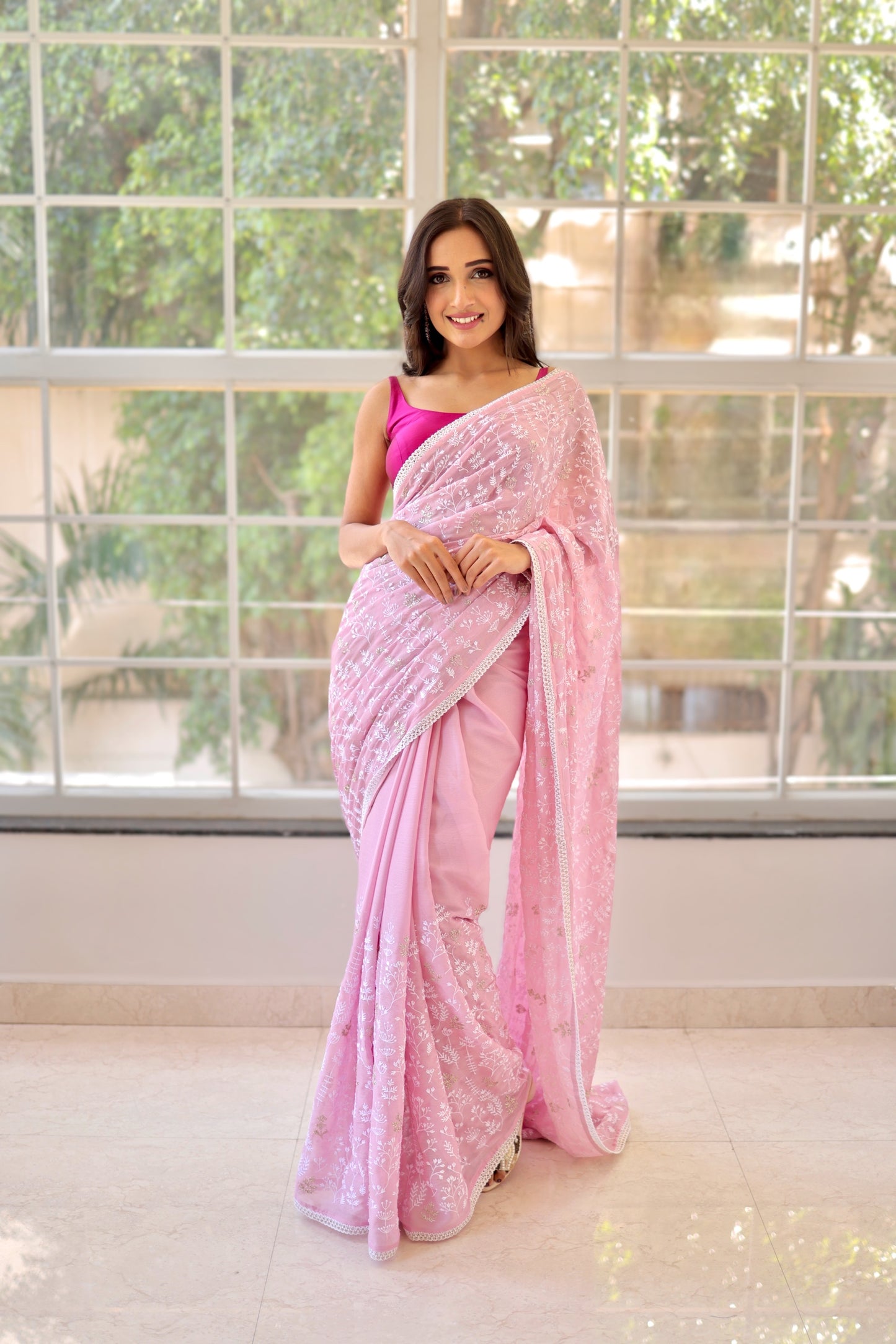 Pink chiffon saree