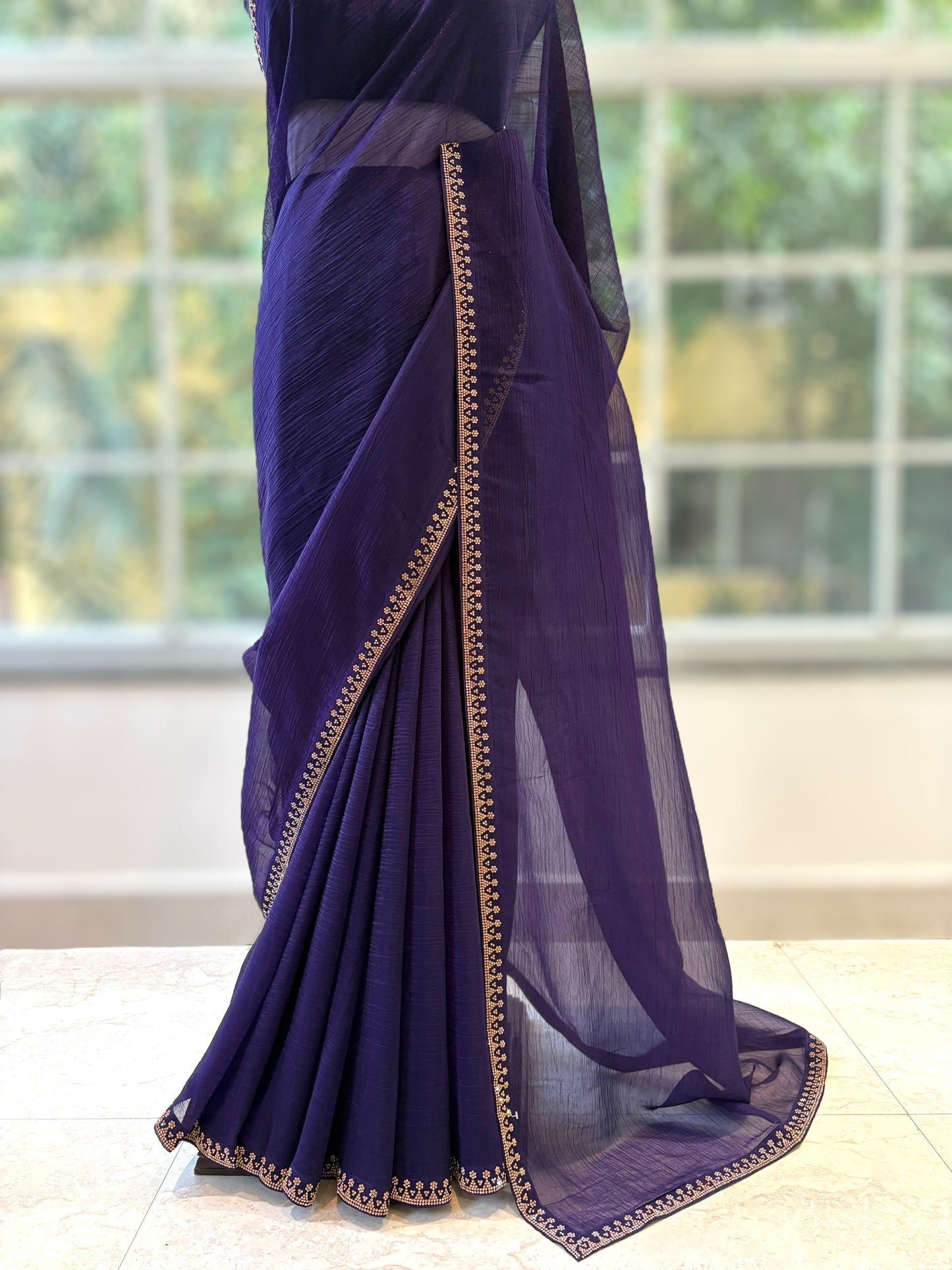 Swarovski embellished chiffon saree - Violet