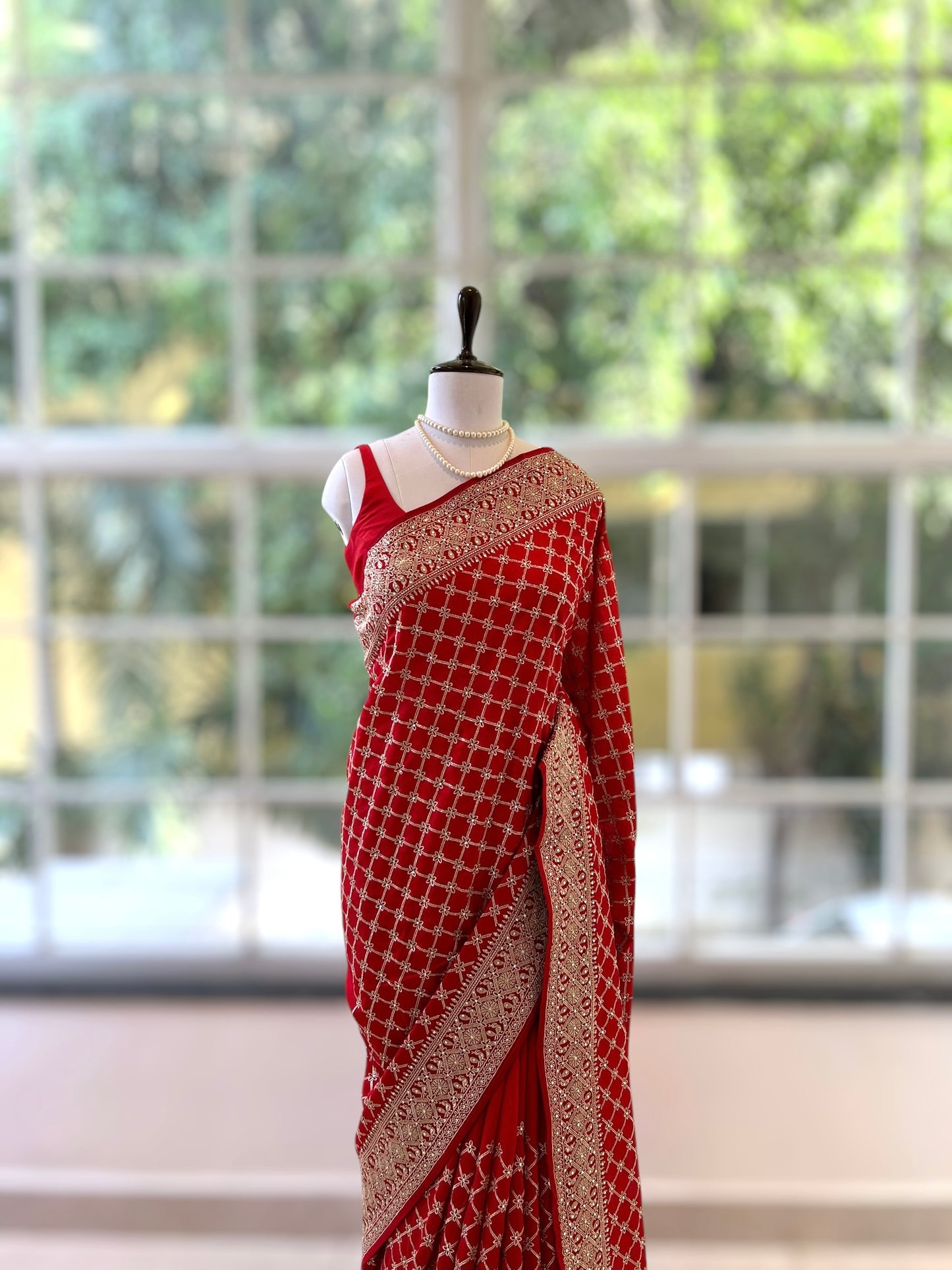 Red organza embroidered saree