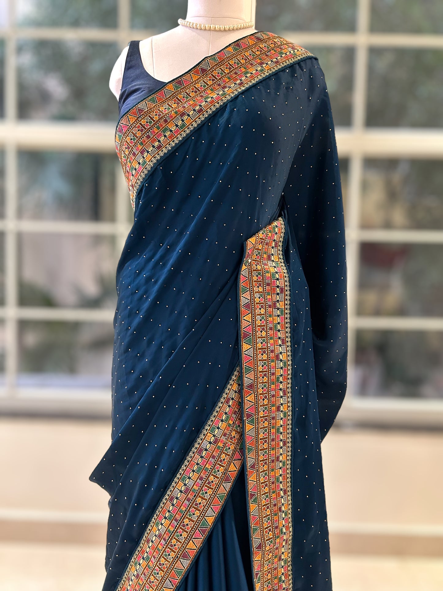 Navy blue pure satin swarovski saree