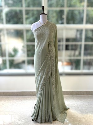 Starry sequins chiffon saree - Green